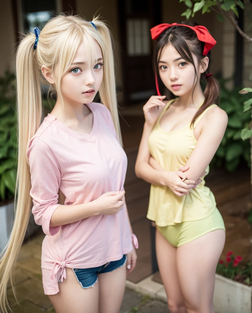 Two 18 year old girls,masutepiece , Best Quality,Nahida(GenshinImpact) ,Two girls, Very skinny,tiny chest,Long hair ,Side Ponytail, Hair Ornament ,Street, White hair , Green hair , hand behind head:1.5,multicolored hair, elf , Multicolor Competition Swimwear,Indoor swimming pool, Swim,Skinny Legs,smil,Tsundere,