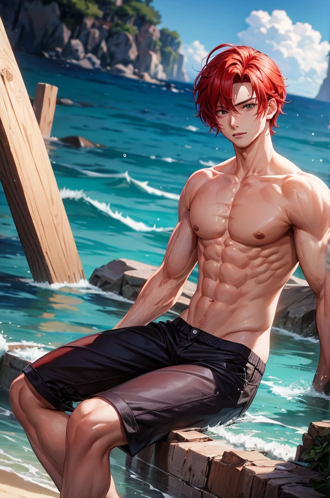 1 man, red hair, shirtless, masterpiece, best quality