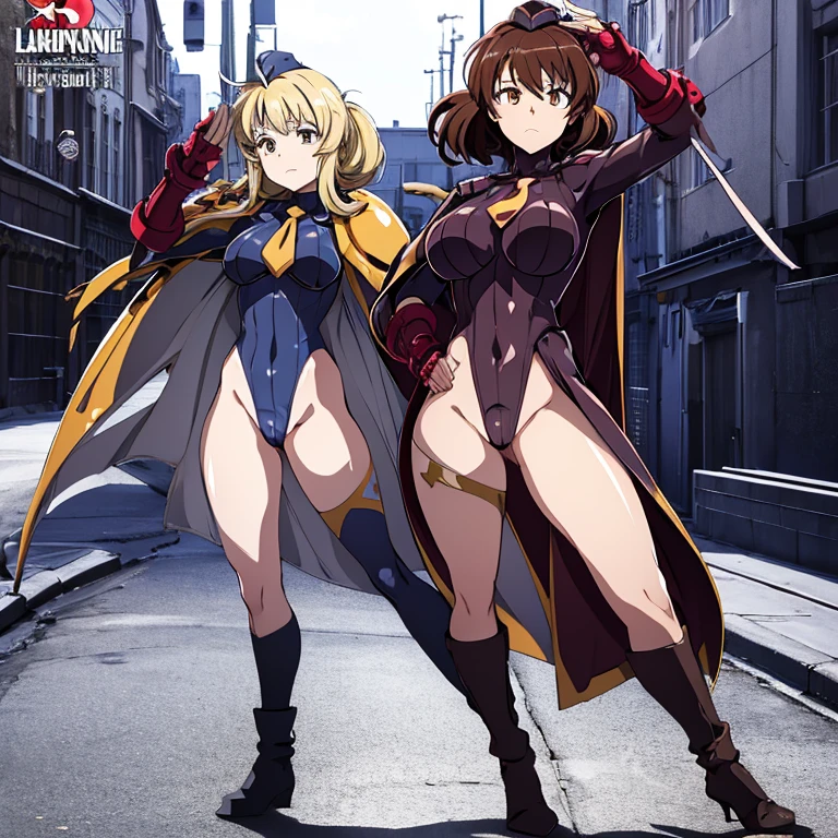 Masterpiece, Best Quality, Highly detailed, illustration, absurdres, street fighter, doll suit, shadaloo doll, dollsuit, girls, multiple girls, expressionless, blank eyes, looking at viewer, red gloves, emotionless, black latex, corrution, mind control, female combatant, full body, hypnotized, unhappy trance, full body suit, ribbed bodysuit, both arms at side, stand up straight, obey, perfect female body, extremely glossy latex, hypnosis, hypnoLora, empty eyes, Mind control device, oses, submissive_pose, Slave, hat, necktie, stand up straight, standing, standing at attention, Slave, hat, necktie, belt, extending the right arm from the shoulder into the air with a straightened hand, nazi saluting, military, military saluting, salute, latex, dark armor, the dark princess, langrisser ii, robe, cape, oumae kumiko, Sound! Euphonium, brown hair, gold eyes