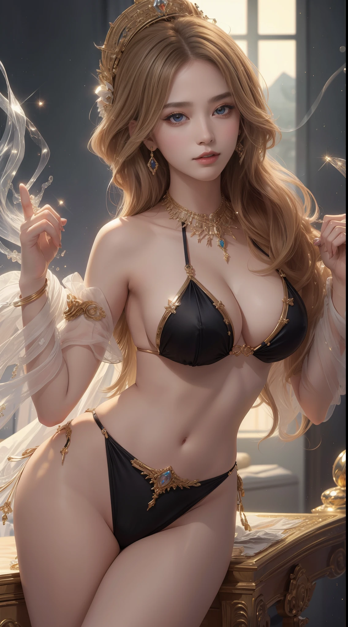 tmasterpiece,Highest image quality,Beautiful bust of noble western dance,Sophisticated black and blonde hairstyle,A dazzling array of exquisite jewelry,Extensive collection of fine jewelry,bikini dance clothes,Ultra-detailed details,advanced。At the Pixiv Art Station,Break your own power,,Obscenity exposed,R-18G