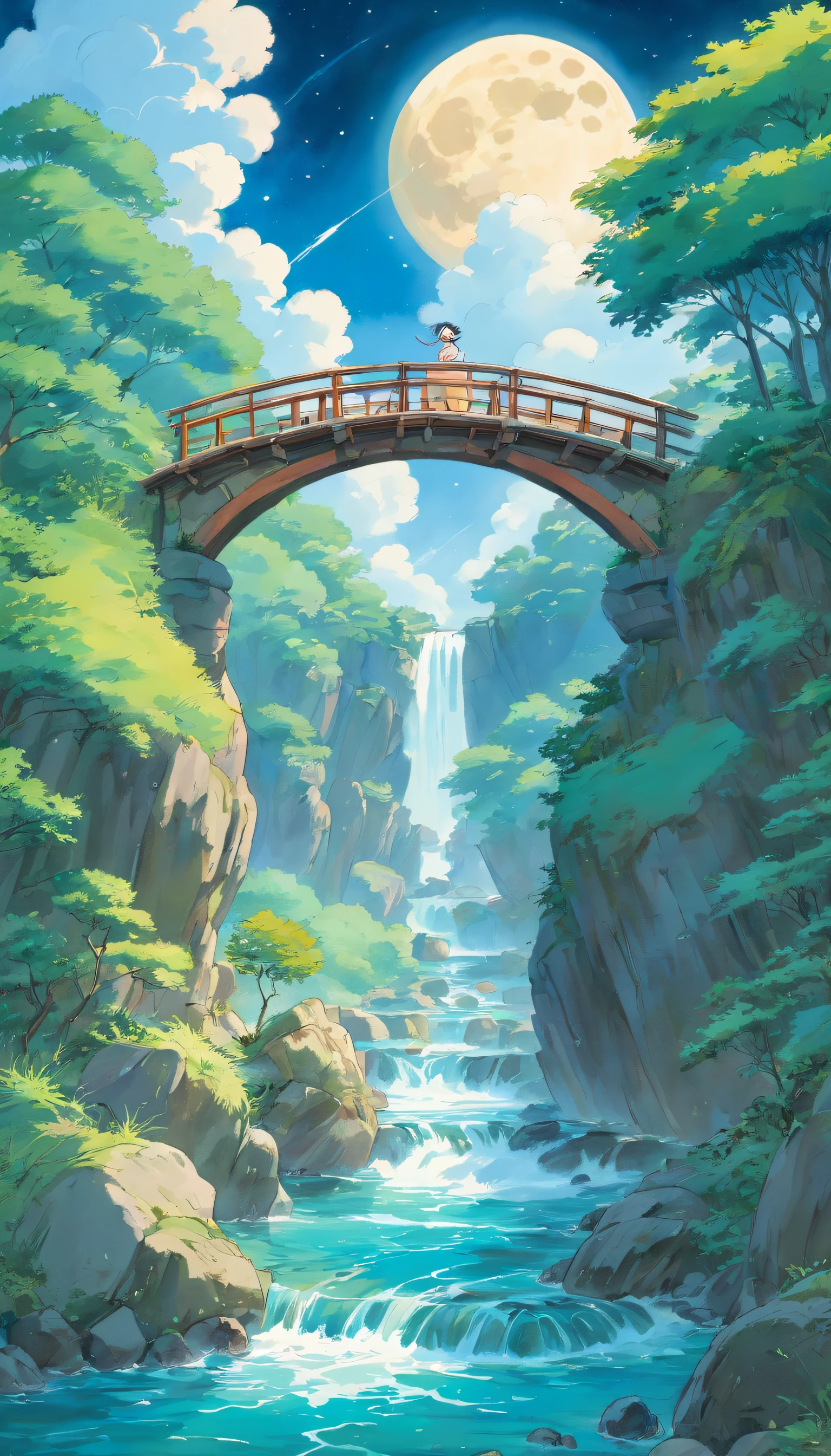 landscape painting，ancient wind，natta，cloud，themoon，small bridge flowing water，Line watercolor，Star Blue，A little richer in color