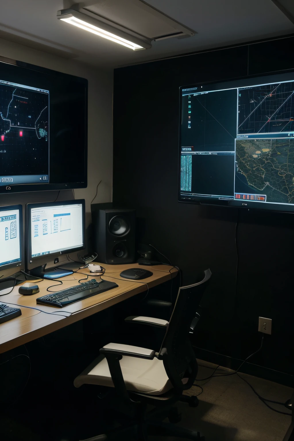 A hacker's room shows different types of computers, display of programming codes on the monitor, a cold and dark space, a map on the wall of the Middle East and Israel, under which is written "Target", a cat resting under the table.