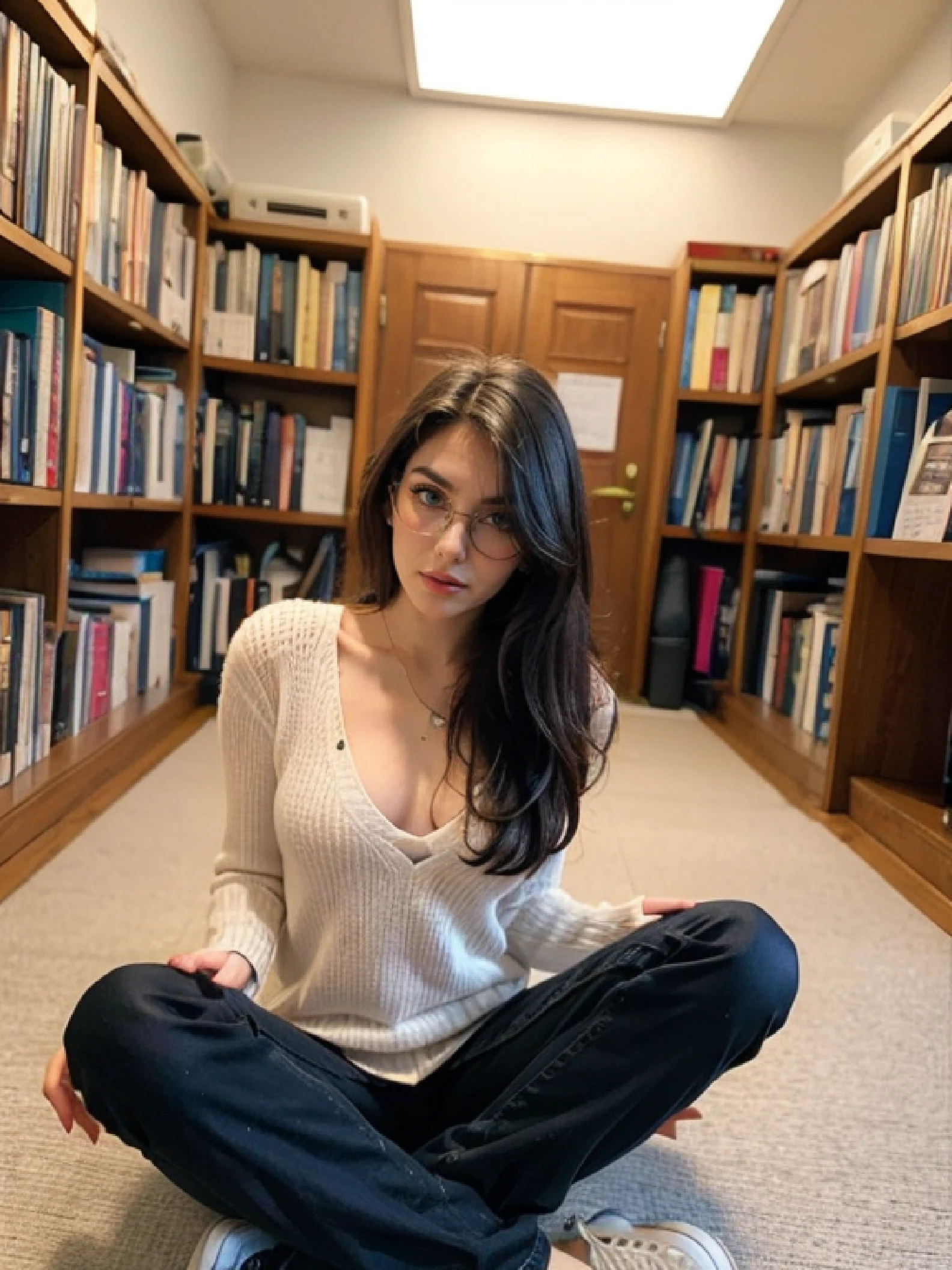 18 year old Annie Murphy, (((naked))), standing in a public library, ((small breasts))), shy, worried, hiding, (face blushing), (((hands between legs))), (minimal jewelry), choker