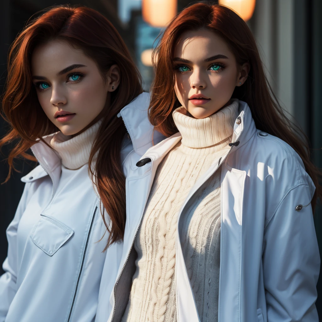 Redhead, full lips, modelesque figure, emarald green eyes, full body, cinematic lighting, white turtleneck, blue jacket