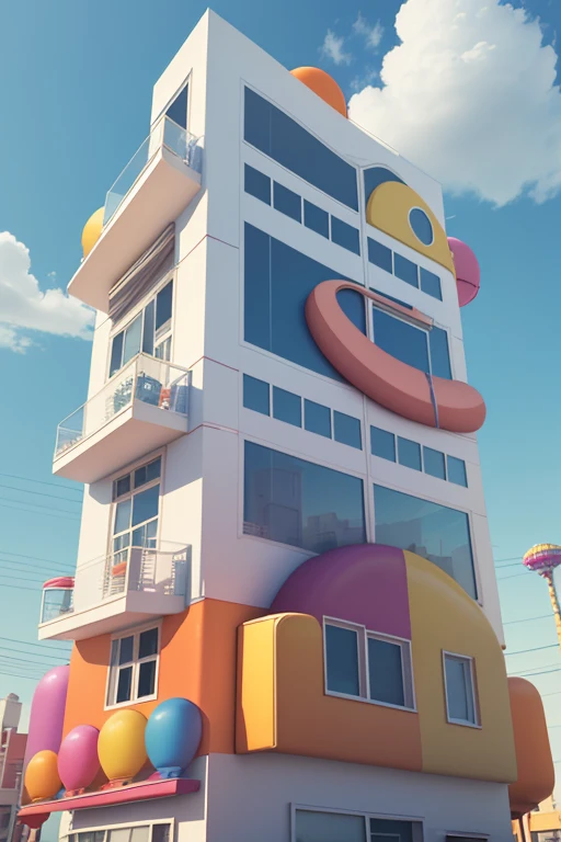 Iso-spaced house, (45 degree view from top to bottom), cartoon, candy house, colorful balloons, cute architecture, giant candy-like billboards, amusement park, blank background, clear structure, correct light and shadow, 3D rendering, sci-fi style