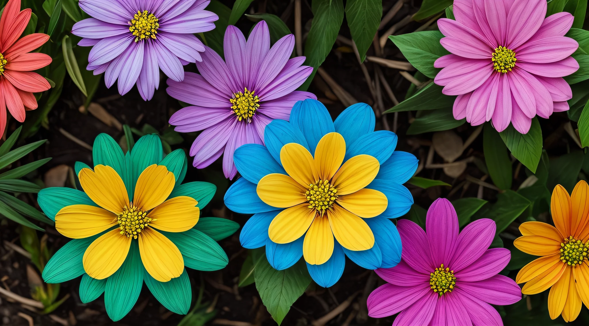 Craft an image of a flower blooming amidst diverse terrain. The flower represents authenticity and self-expression, showcasing the beauty that emerges when one embraces their true self.
