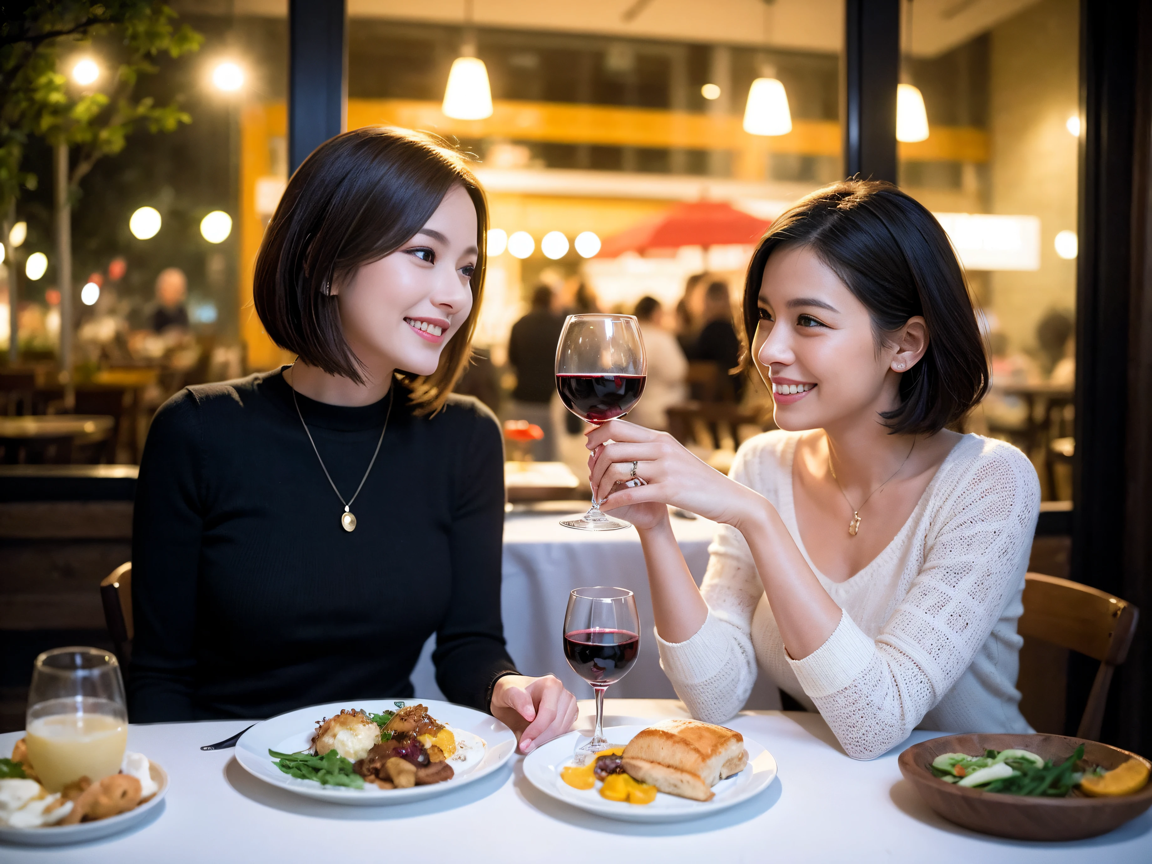 (64k uhd、nffsw、top-quality、​masterpiece:1.2)、(realisitic、Photorealsitic:1.37)、ultra-detailliert、ssmile、Happy、Party、lucky、wine glasses、enjoying a glass of wine、a matural female、Two beautiful women、(Slim Faces)、(Slim body)、（brawn hair）、(short-cut)、Latino、smiling french woman、happy italian girl、British woman、Americana、blush a little on the cheeks、(38 years)、42 year old、red wine、A beautiful and detailed night view spreads out outside the window.........、resturant、Wine glasses in a prominent place、natta、(from waist up)、sitting on、date、(A smile:1.15)、Beautiful detailed eyes、Cashmere sweater、long-sleeved dresses、japanes、(short-hair:1.2)、Float NovaFrogStyle、、modeled、from waist up、white wine、Slimed、wine glasses、Super beautiful night view、Put the wine glass in the middle、Happy smile、(8K、Raw photography、top-quality、​masterpiece:1.2)、(realisitic、Photorealsitic:1.37)、ultra-detailliert、超A high resolution、2 females、see the beholder、beautifull detailed face、A smile、Constriction、(Slim waist) :1.3)、knit shirt、Beautiful detailed skin、Skin Texture、floated hair、professional light needle breast、eyes gentle