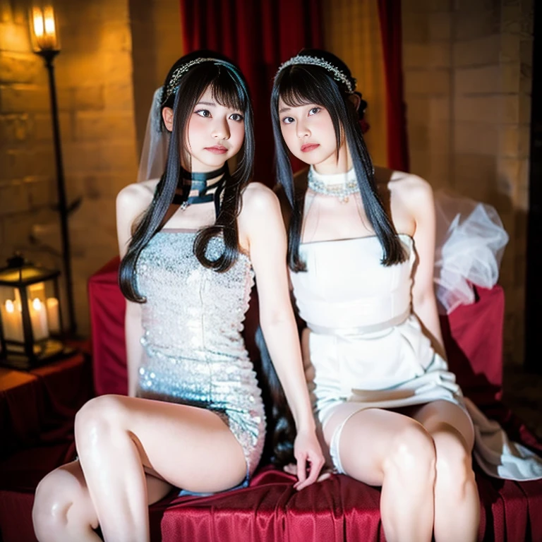 (1 female)、(one male individual:1.1)、(Super beautiful)、(beauitful face:1.5)、(A detailed face:1.4)、(The bridegroom spreads the bride's legs:1.3)、(White panties are visible)、(The groom touches the bride's crotch)、(Bride sitting on a chair at the reception)、(She is wearing a prom dress with a miniskirt)、(The bridegroom in a white suit:1.2)、(Bare legs)、(At SFW)