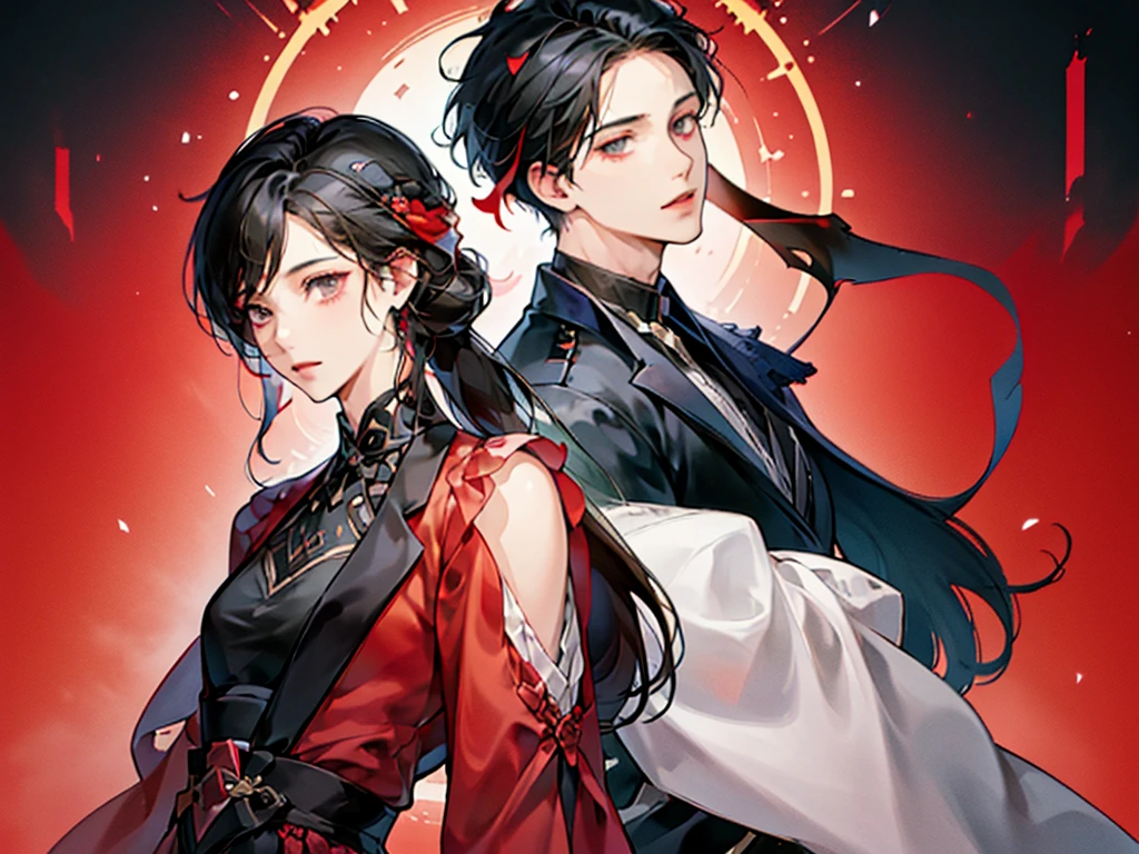 modern day，A modern boy with short black hair，A modern girl with long hair，Boys and girls leaning back to back，Rose flowentasy，dream-state，novel cover，red colour，black in color