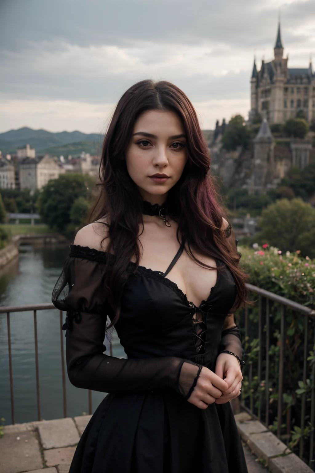 ((best quality)), ((masterpiece)), (detailed), perfect face, Imagine an anime drawing of a bewitching gothic female with dark purple hair styled in a dramatic, flowing style, her lips painted a bold shade of dark burgundy. She stands on a bridge overlooking a grand gothic castle, her dark dress adorned with intricate embroidery and precious stones. Use a grand, gothic castle as the backdrop to enhance her regal presence.