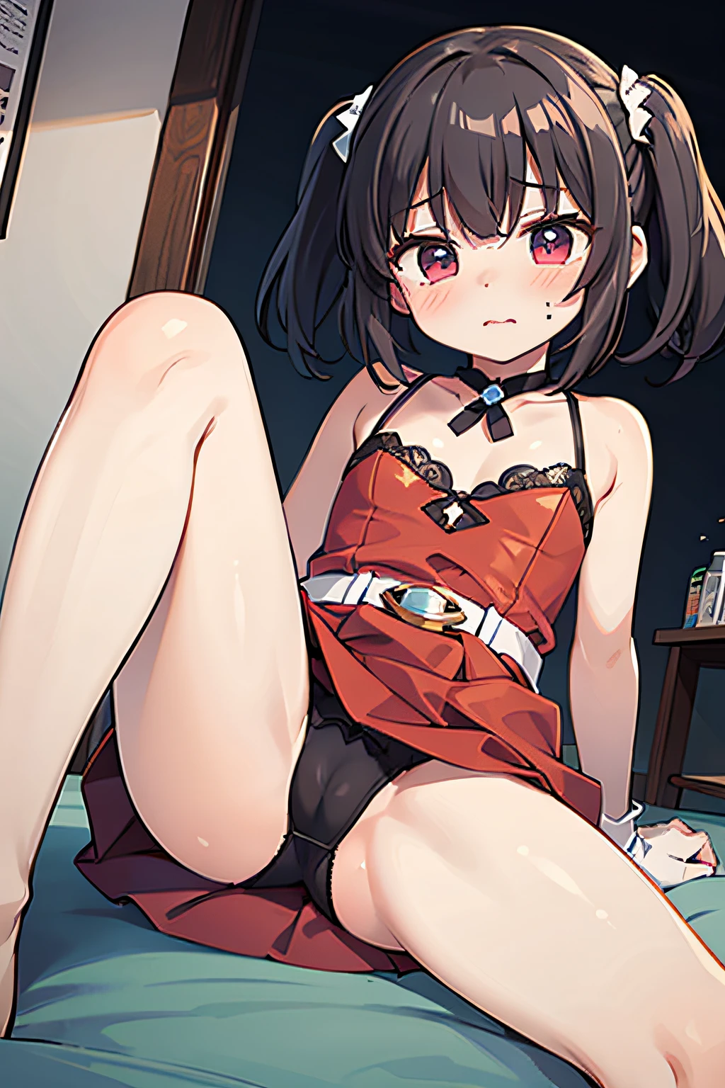  wearing dress upside down, Cute,、Cute red dress、white pants for girls, {{{{{{Half Top}}}}}}, A dark-haired, a pixie cut, {{{{{{Realistic}}}}}}、{{{{{{Head out of frame}}}}}}、Thin leg、 {{{{{{{{{From below}}}}}}}}}, Blushing、Bitten underwear、Man's room、Precure、Medium waist、open the legs widely、{{{{{{Raise both legs}}}}}}