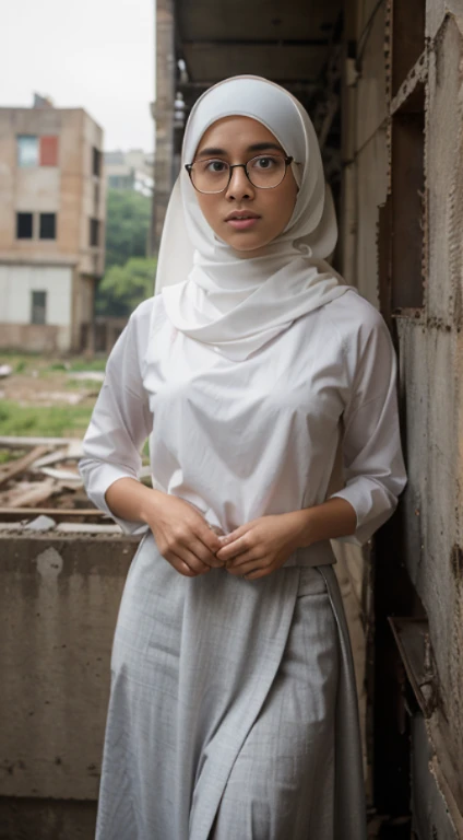 Girl, malay, tanned skin, sma uniform, white khimar, hijab, hide hair, hide neck, long white shirt, gray long skirt, sharp nose, 18 years old, pale skin, big round glasses, big eye, beautiful eye, seductive face, carrying bagpack, inside abandoned factory building, closed room, moss, brick, side pose, realistic eye, highest angle, unbotten shirt