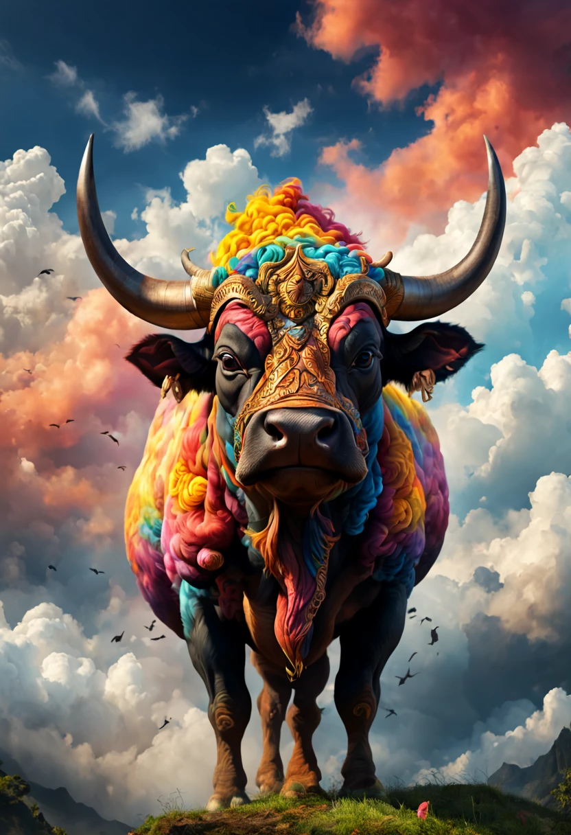 Colorful clouds turn into close up Javanese bull, real, light and shadow, in exhibition, ultra hd, realistic, vivid colors, highly detailed, UHD drawing, pen and ink, perfect composition, beautiful detailed intricate insanely detailed octane render trending on artstation, 8k artistic photography, photorealistic concept art, soft natural volumetric cinematic perfect light