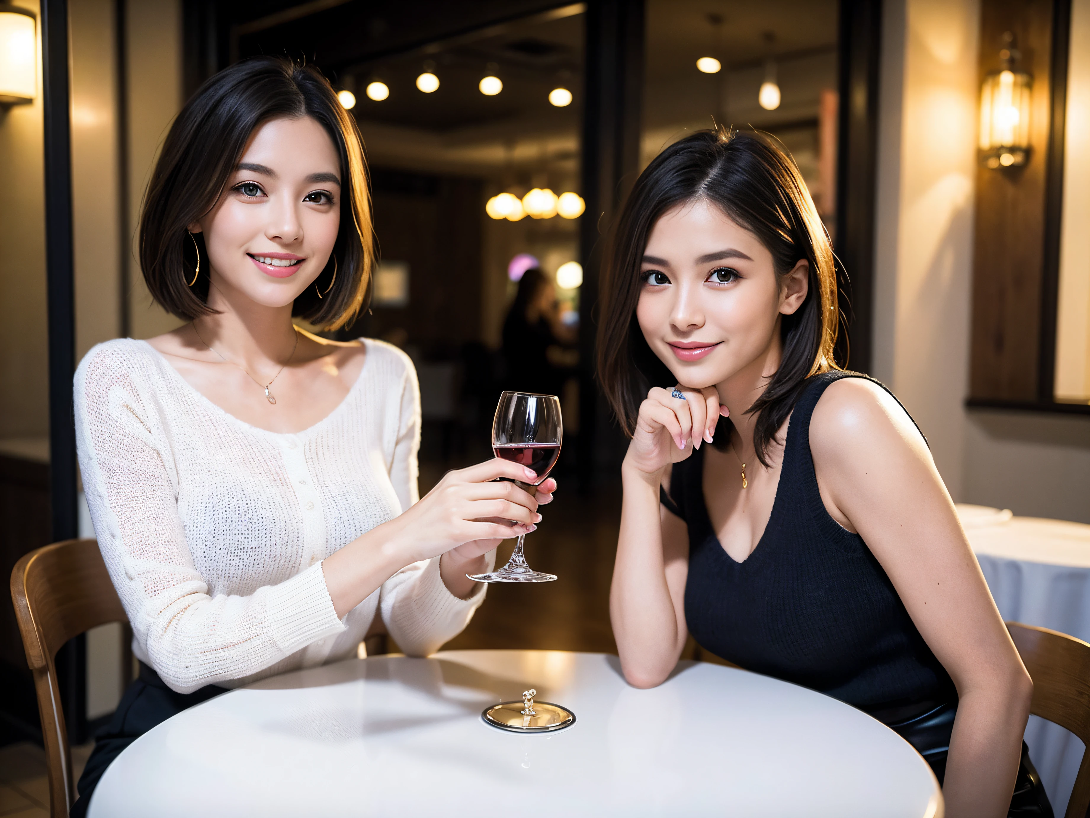 (64k uhd、nffsw、top-quality、​masterpiece:1.2)、(realisitic、Photorealsitic:1.37)、ultra-detailliert、wine glasses、enjoying a glass of wine、a matural female、Two beautiful women、(Slim Faces)、(Slim body)、（brawn hair）、(short-cut)、Latino、smiling french woman、happy italian girl、British woman、Americana、blush a little on the cheeks、(38 years)、42 year old、red wine、A beautiful and detailed night view spreads out outside the window.........、resturant、Wine glasses in a prominent place、natta、(from waist up)、sitting on、date、(A smile:1.15)、Beautiful detailed eyes、Cashmere sweater、long-sleeved dresses、japanes、(short-hair:1.2)、Float NovaFrogStyle、、modeled、from waist up、white wine、Slimed、wine glasses、Super beautiful night view、Put the wine glass in the middle、Happy smile、(8K、Raw photography、top-quality、​masterpiece:1.2)、(realisitic、Photorealsitic:1.37)、ultra-detailliert、超A high resolution、2 females、see the beholder、beautifull detailed face、A smile、Constriction、(Slim waist) :1.3)、knit shirt、Beautiful detailed skin、Skin Texture、floated hair、professional light needle breast、eyes gentle