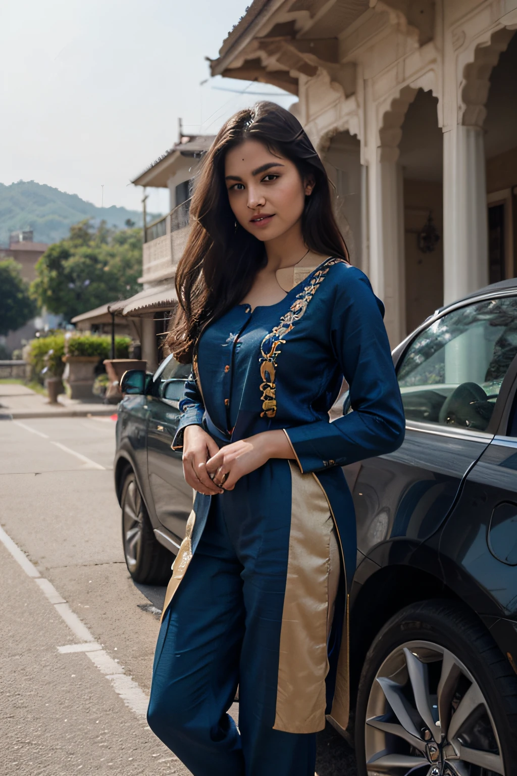 ((best quality)), ((masterpiece)), (detailed), perfect face, Capturing the essence of a 16-year-old Indian beauty, her vibrant eyes reflect a blend of curiosity and confidence. Adorned in a vibrant Salwar Suit, she embodies timeless grace and cultural charm. The intricate details of her attire accentuate the traditional elegance, creating a striking visual as she carries the essence of heritage with poise and style., she exudes grace and carries a subtle smile that radiates warmth, symbolizing the rich tapestry of youth and cultural heritage. In a picturesque scene, a 16-year-old Indian girl stands beside a car, embodying a blend of sophistication and youthful energy. Clad in a stunning Silk Embroidery Patiala Suit in Blue, she complements the elegance of the car with her poised demeanor, creating a captivating visual harmony that resonates with style and cultural richness.