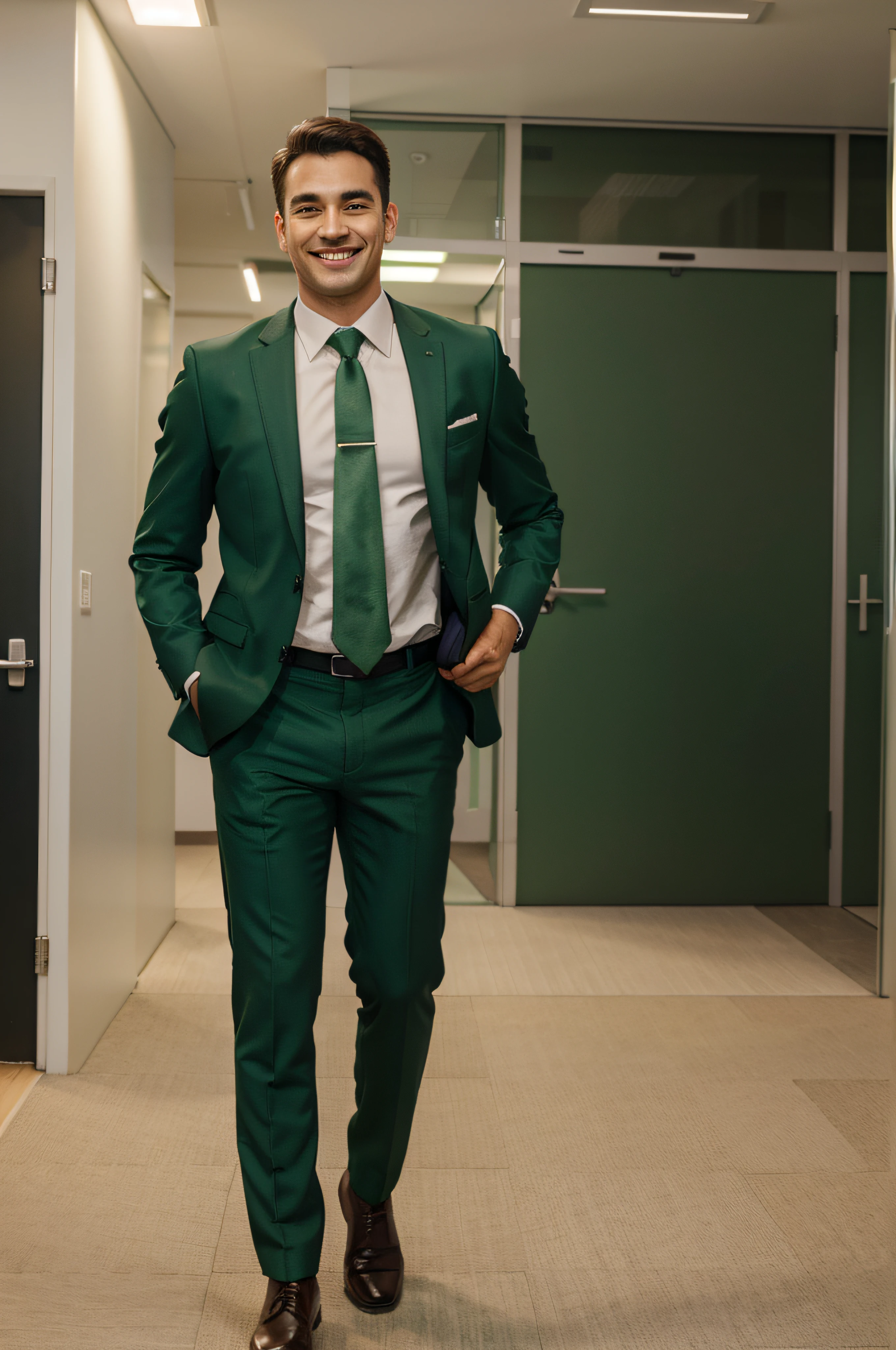 man smile with green office suit full body stand