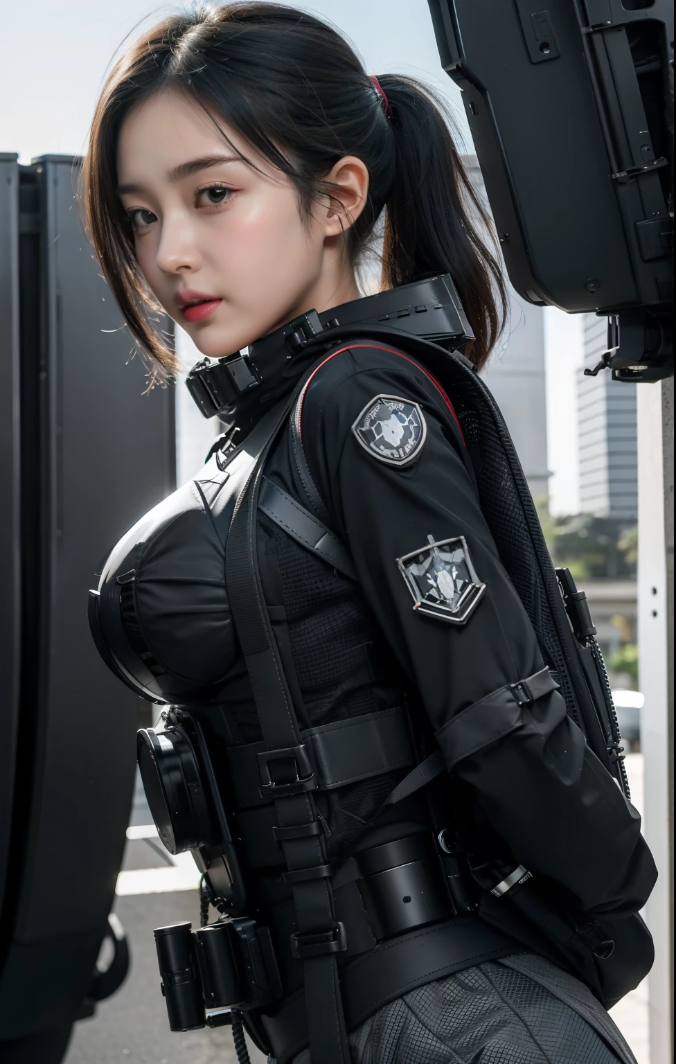 Highest image quality, excellent detail, 超高分辨率, (Realistis: 1.4), ((closeup cleavage:0.75, From the side Side)), realisticlying, Highly concentrated for 1 woman, full bodyesbian, Aim with assault, Fighting posture, (详细的脸), looks into camera, (Fabric color black:0.4 white:0.5 colors:0.1), (Wearing summer clothes is like, mitts,Black and gray mechs, Wearing a futuristic gas mask, military harness, Take it, Wearing a high-tech backpack), background grey, Fingers are occluded