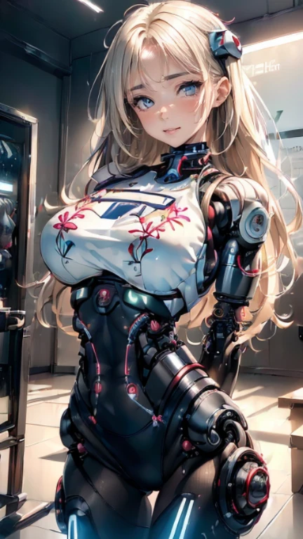 ((1girl in:1.5),(Embroidered cybernetic body:1.5),Large full-breasted mechanical chest armor:1.5)),(Highest image quality, excellent details, Ultra-high resolution, (Realism: 1.4), The best illustrations, favor details, One girl highly condensed,(presence:1.5),(Dynamic:1.5),(Bold:1.5)),(Thin hair:1.8), (Swept long bangs:1.5),(very light coppery amber hair),((Hair over one eye:1.2)),riding on motorcycle,the background is a high-tech lighting scene of the futuristic city, ((shorth hair:1.3))