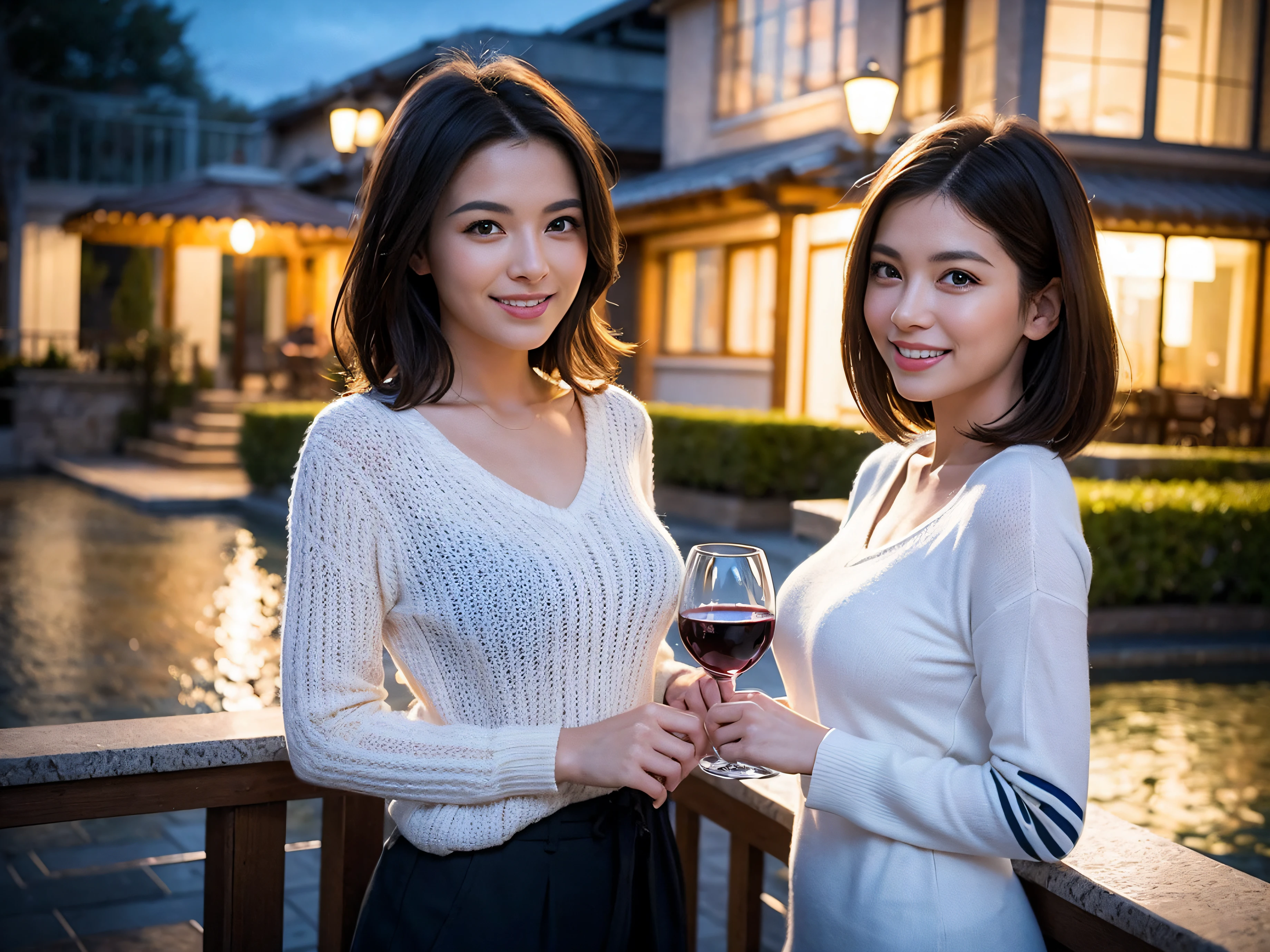 (64k uhd、nffsw、top-quality、masterpiece:1.2)、(realisitic、Photorealsitic:1.37)、ultra-detailliert、wine glasses、enjoying a glass of wine、a matural female、Two beautiful women、(Slim Faces)、(Slim body)、(brawn hair)、(short-cut)、Latino、smiling french woman、happy italian girl、British woman、Americana、blush a little on the cheeks、(38 years)、42 year old、red wine、A beautiful and detailed night view spreads out outside the window.........、resturant、Wine glasses in a prominent place、natta、(from waist up)、sitting on、date、(A smile:1.15)、Beautiful detailed eyes、Cashmere sweater、long-sleeved dresses、japanes、(short-hair:1.2)、Float NovaFrogStyle、、modeled、from waist up、white wine、Slimed、wine glasses、Super beautiful night view、Put the wine glass in the middle、Happy smile、(8K、Raw photography、top-quality、masterpiece:1.2)、(realisitic、Photorealsitic:1.37)、ultra-detailliert、超A high resolution、2 females、see the beholder、beautifull detailed face、A smile、Constriction、(Slim waist) :1.3)、knit shirt、Beautiful detailed skin、Skin Texture、floated hair、professional light needle breast、eyes gentle