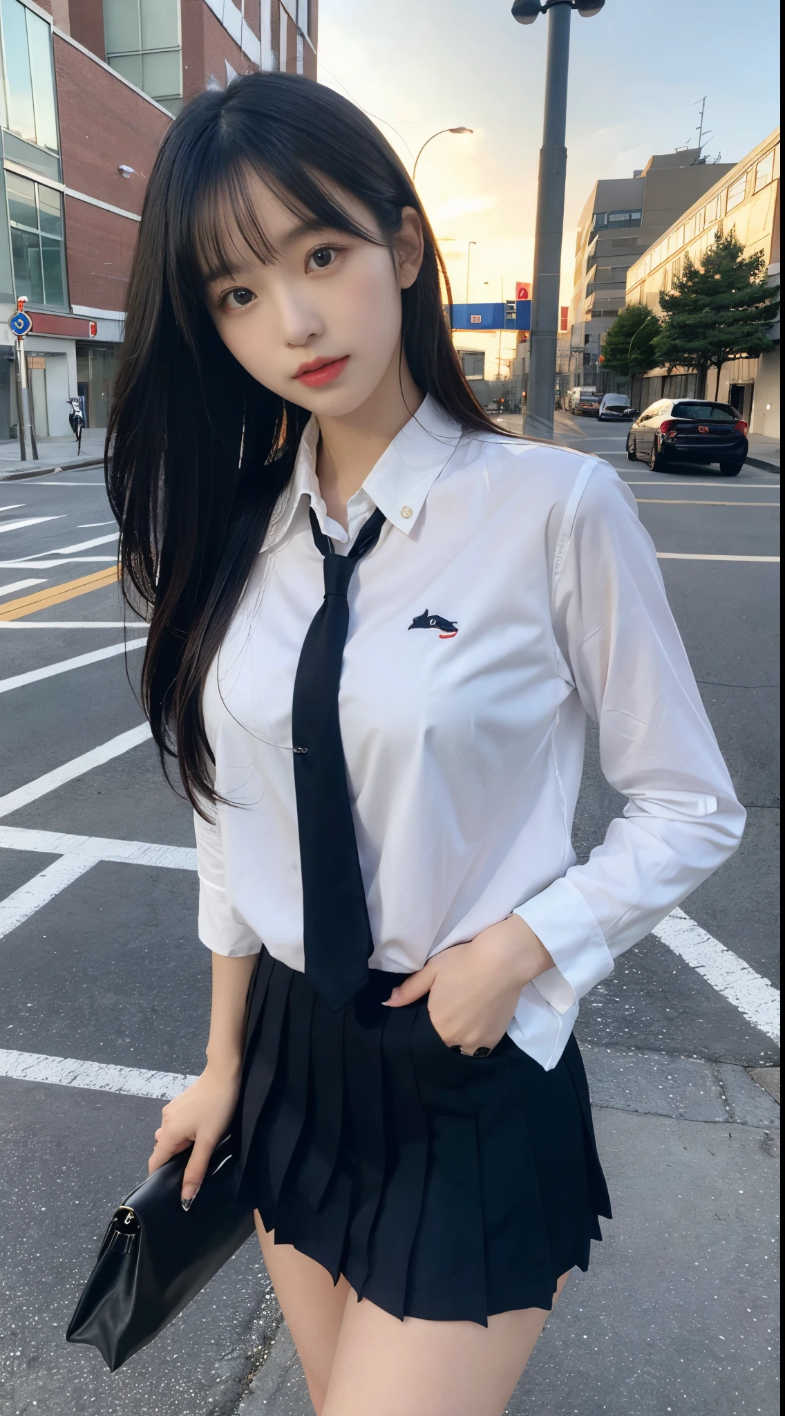 mix 4, (16k, RAW photo, best image quality, masterpiece: 1.45), (realistic, Photoreal: 1.37), one girl, cute, cityscape,, professional lighting, photon mapping, school classroom, Physically based rendering, dark brown hair,ponytail hairstyle, Beautiful well-groomed eyes、((double eyelid))、super cute girl, (((、blazer、Long-sleeved shirts worn by Japanese high school girls、ribbon tie、Navy blue super super mini skirt,、dark blue socks、black loafers))), highest quality photos, High resolution, 1080P, (clean face), (Detailed facial description), (Detailed explanation of hands), (masterpiece), (Detailed CG)、extreme light and shadow、messy hair、master work、Rich details、(detailed facial features)、(highest quality photos)、(Masseter muscle part)、(fine eyes)、look in front of you、thin clavicle、((slender and large))、(((Japanese high school girls wear long-sleeved shirts)))、((neat idol))、((school gate、schoolyard、School building in the background))、(Take photos from random viewpoints)、(((anyway that's cute)))、earrings、big smile、Draw the whole body from the knees、Don't draw thin lines、(((Sports bags used by Japan schoolgirls)))、(small breasts:1.2)、small buttocks with tension、Two arms and two legs、(((from the front:0.7)))、bare hands、(((symmetrical eyes)))、standing pose、put one's hand on the desk、Do not remove the tie from the jacket、Skirt length is quite short,