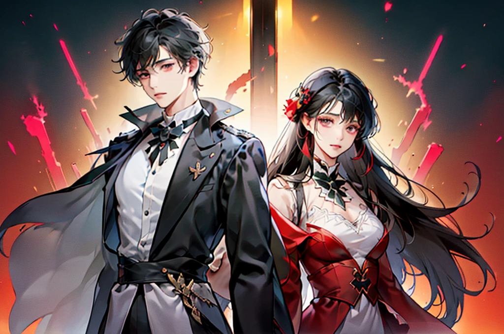 modern day，A modern boy with short black hair，A modern girl with long hair，Boys and girls leaning back to back，Rose flowentasy，dream-state，novel cover，red colour，black in color