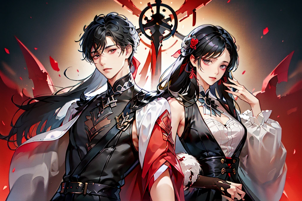 modern day，A modern boy with short black hair，A modern girl with long hair，Boys and girls leaning back to back，Rose flowentasy，dream-state，novel cover，red colour，black in color