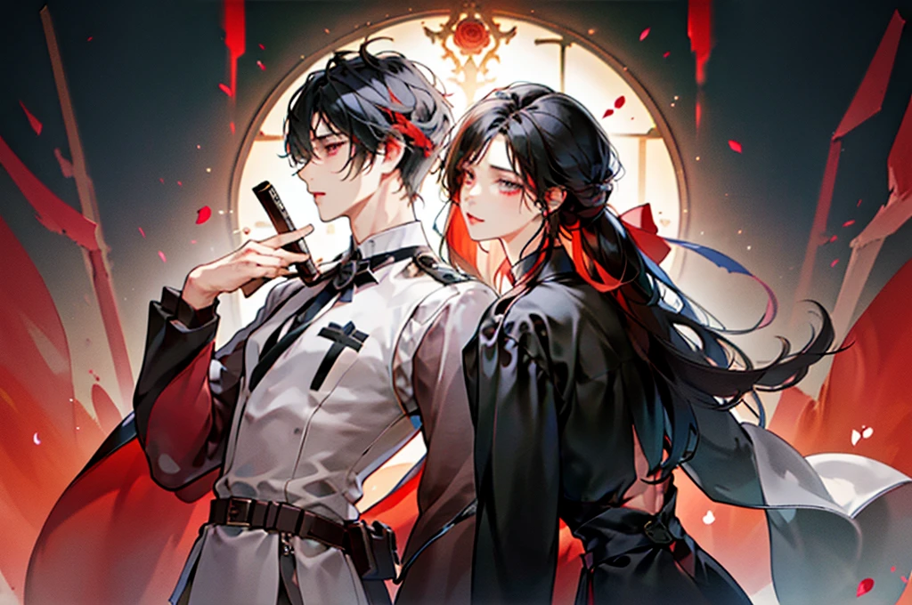 modern day,A modern boy with short black hair,A modern girl with long hair,Boys and girls leaning back to back,Rose flowentasy,dream-state,novel cover,red colour,black in color