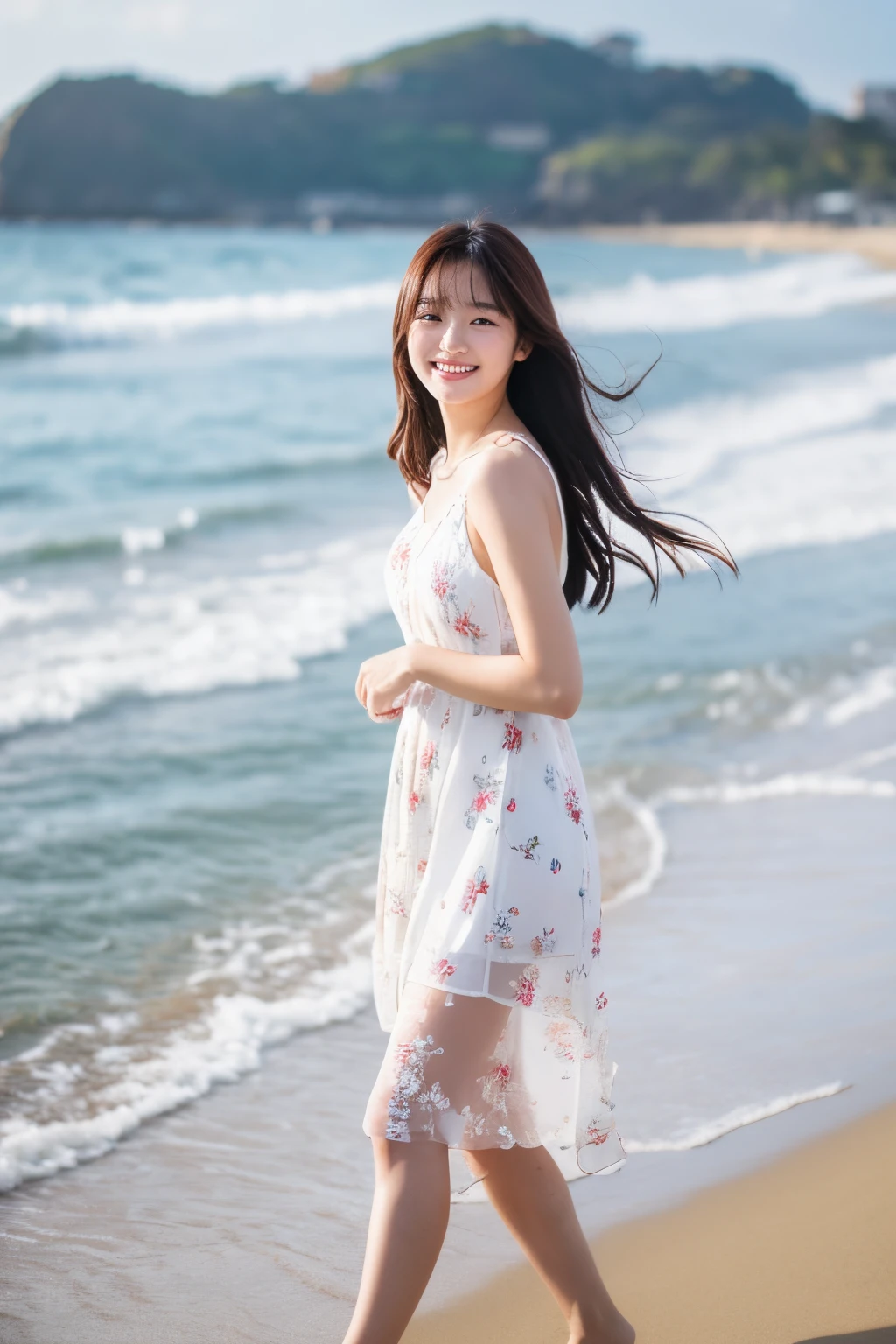 16K, best quality, A beautiful Korean girl, little smile, wearing a white floral dress walking on the beach