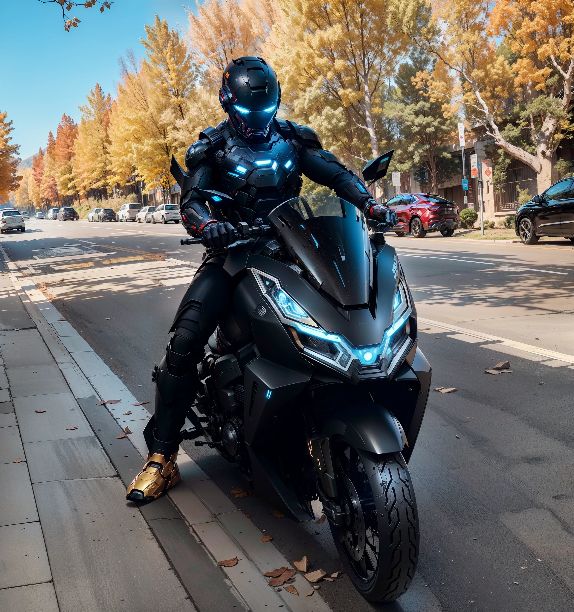 Handsome Iron Man warrior,Information mechanical motorcycle,High-tech black full enveloping helmet,Noor, Biomechanical SHN Robot Man,High-tech helmet,hyper realisitc, steel, Complex design, Very detailed very detailed, The lines are extremely clear, 电影灯光, Live photos, A Detailed Masterpiece