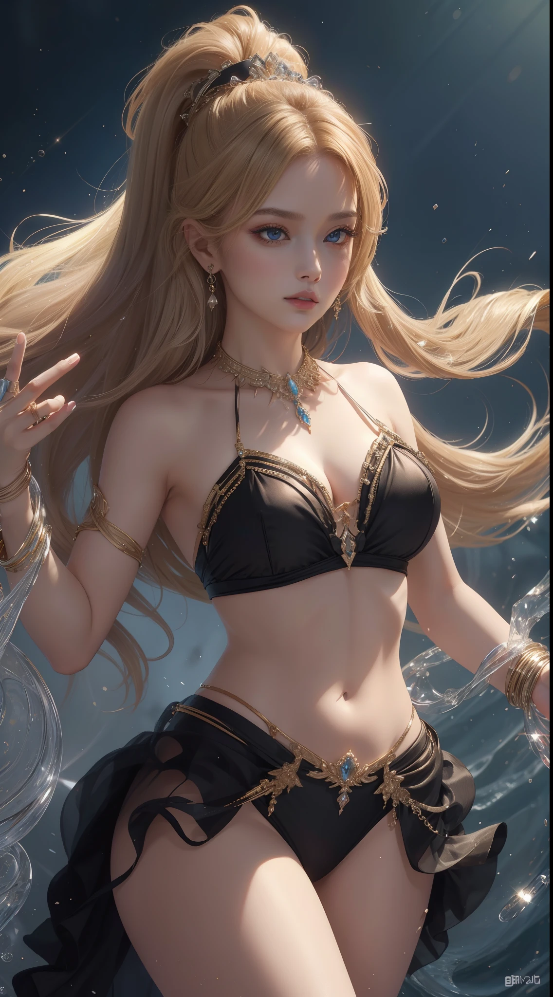 tmasterpiece，Highest image quality，Beautiful bust of noble western dance，Sophisticated black and blonde hairstyle，A dazzling array of exquisite jewelry A vast array of exquisite jewelry，bikini dance clothes，Ultra-detailed details，advanced。At the Pixiv Art Station，Break your own power，，Obscenity exposed，R-18G