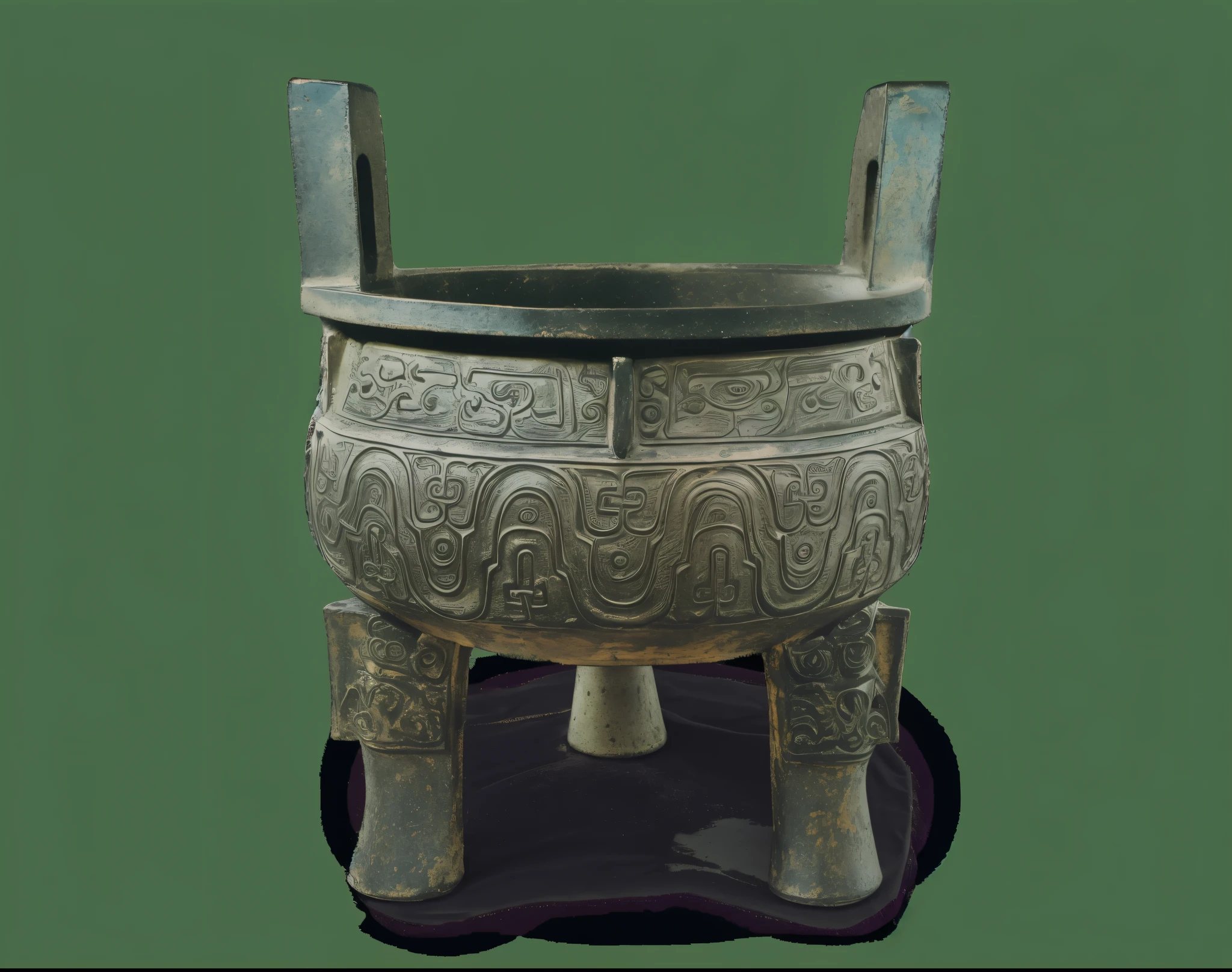 Bronze tripod with blue dragon pattern. Ancient bronze tripod.,The tripod is engraved with two circling dragon patterns..,Unique shape,Meaning power and prosperity