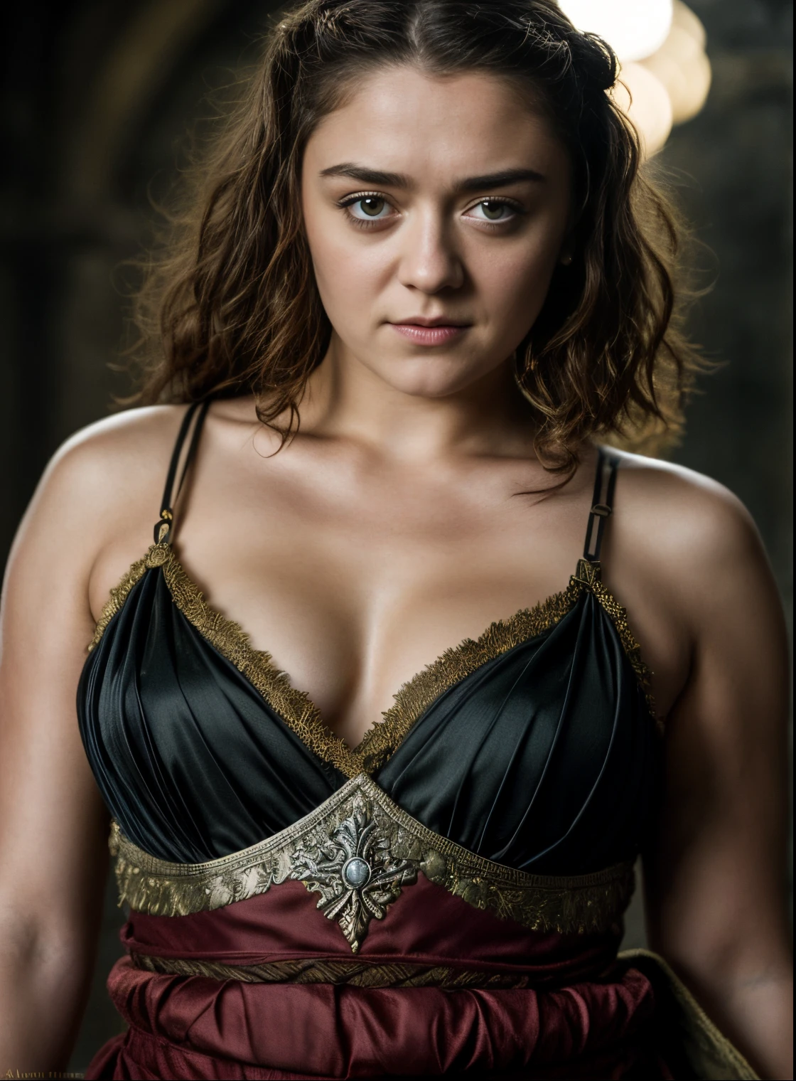 Foto RAW, Arya Stark, Extremely gorgeous lady, Arya Stark PLAYED BY MAISIE WILLIAMS, Queen Arya Stark, she a mature woman now, milf, sexy mediaeval battle dress, gladiator woman, body, 40 years old Woman, body revealing costumes, perky breast, skin pores, big natural breast, erotic costumes, lusty physique, seductive figure can capture every people's attention, Game of thrones costumes, revealing captivating figure, Mediaeval costumes, revealing clothes, A tomboy, she would rather fence than dance, warrior queen , game of thrones screen caps, Game of Thrones Series, (pele altamente detalhada: 1.2), 8k UHD, DSLR, soft-lighting, alta qualidade, grain of film, Fujifilm XT3, flawless picture, highly detailed, detailed Beauty, intricate, 32k, sharp picture,