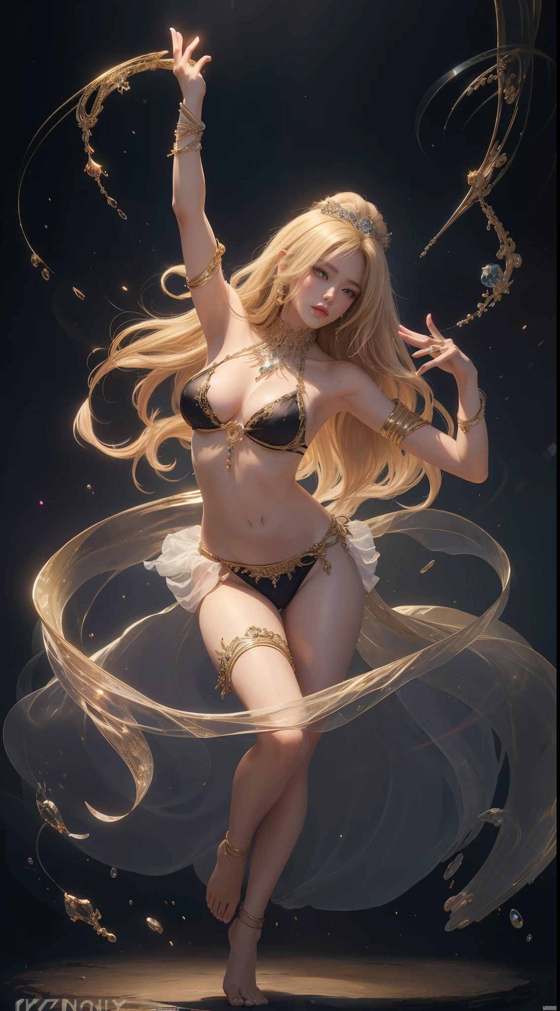 tmasterpiece,Highest image quality,Beautiful full body barefoot figure of noble western dance,Sophisticated black and blonde hairstyle,A dazzling array of exquisite jewelry A vast array of exquisite jewelry,bikini dance clothes,Ultra-detailed details,advanced。At the Pixiv Art Station,Break your own power,,Obscenity exposed,R-18G