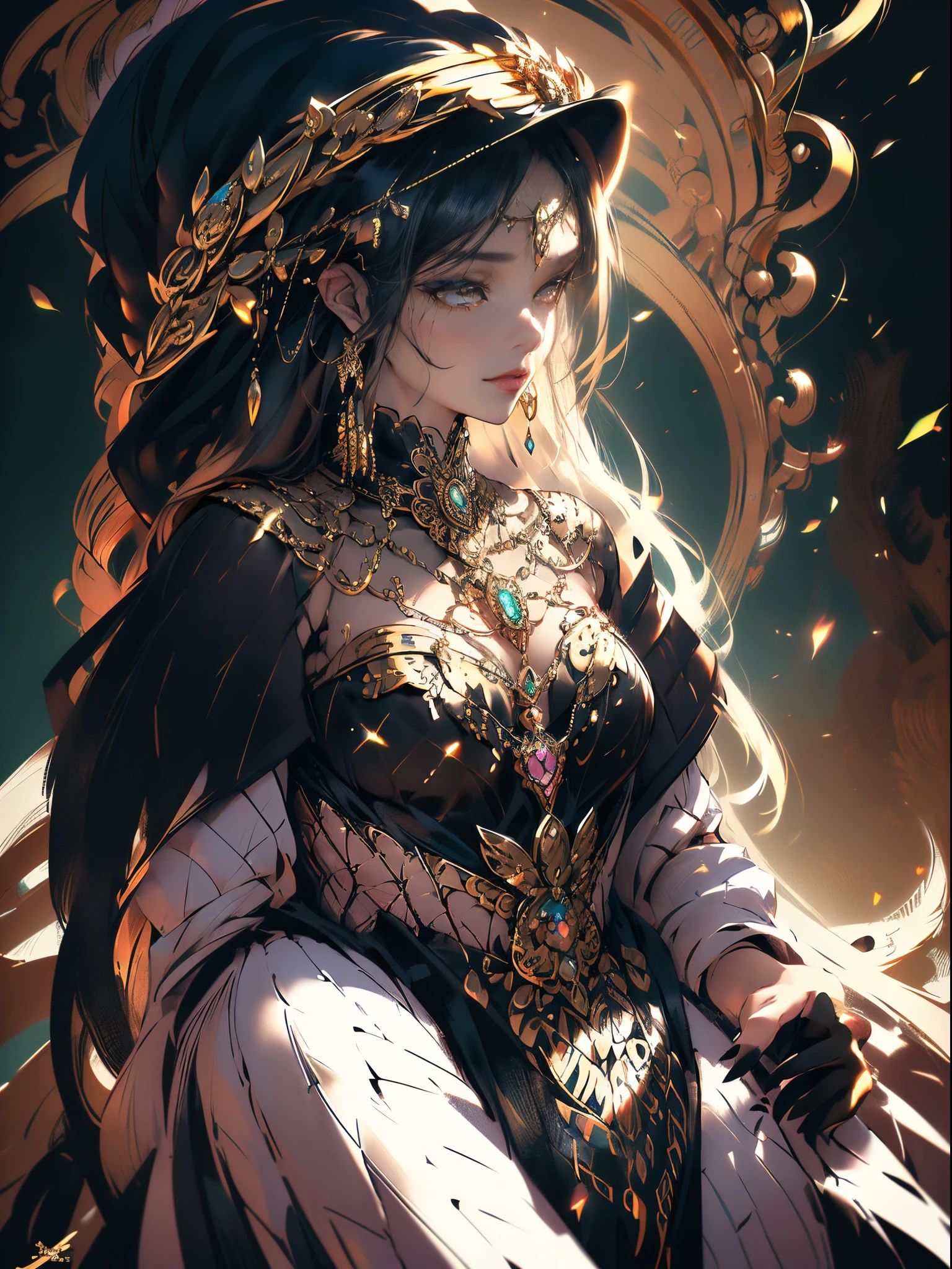 leopard motif、black and gold tones、Vibrant colors、((masterpiece)))、(((top-quality)))、((ultra-detailliert))、(A hyper-realistic)、(highly detailed CGillustration)、Official art、Land of Africa、Gorgeous、Elegance、supreme elegance、exoticism、Decadent、Brown-skinned、Black Beauty、bewitching、Finest beauties、sophisticated menegance、Gorgeous、Colorful and detailed mask design、matchless beauty、extremely detailed and beautiful eyes、Woman in her 30s、Sparkling Jewelry、Female Solo、Perfect Angle、perfect-composition、Well-formed contours