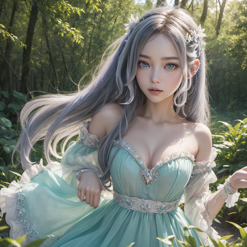 princess woman in the morning glow, heavyset long_hair jewelry | twinkling_lights | pastel_colors | overweight | short_neck | colorful | complementary_colors | forest | forest fairy woman | perfect_eyes | anime_realism 3D perfect | gorgeous | subtractive_lighting | comicbook | overgrown | saturated color | deep color | deep depth of field | polished | whimsical gothic fairycore | stars | intricate beautiful ethereal makeup | long_brown_hair | high resolution bright sunny fantastical (perfect eyes in the style of (HDR) (3D animation realism) (digital photoillustration) (epic) (perfect eyes) (clear eyes) (bright eyes) (bright light) (dynamic lighting) (subtractive lighting) (gorgeous composition) (deep depth of field) (perfect ears) (gloss highlights) (polished chatoyant) (bright highlights) (deep shadows) (ambient occlusion) (hyperrealism) (unique features) (detailed) (whimsical) (fantastical) (stunning) (ultraquality) (16k) (sharp focus) (perfect dynamic pose)