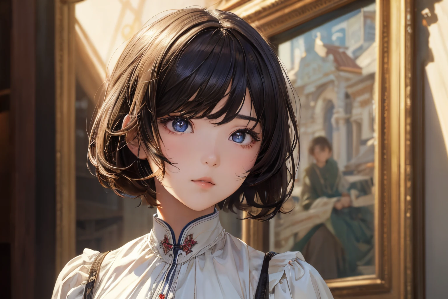 1girl in, (((shorth hair))), jugendstil,(masterpiece, top-quality, Near and far law, depth of fields:1.5), beautiful countenance, 8k, Raw foto, HDR, Photorealsitic, film grains, chromatic abberation, hight resolution, ultra-detailliert, finely detail, 动态照明, Dramatic lighting、shadowy、extremely detailed eye and face、Round pupils、Realistic pupils、clean back ground