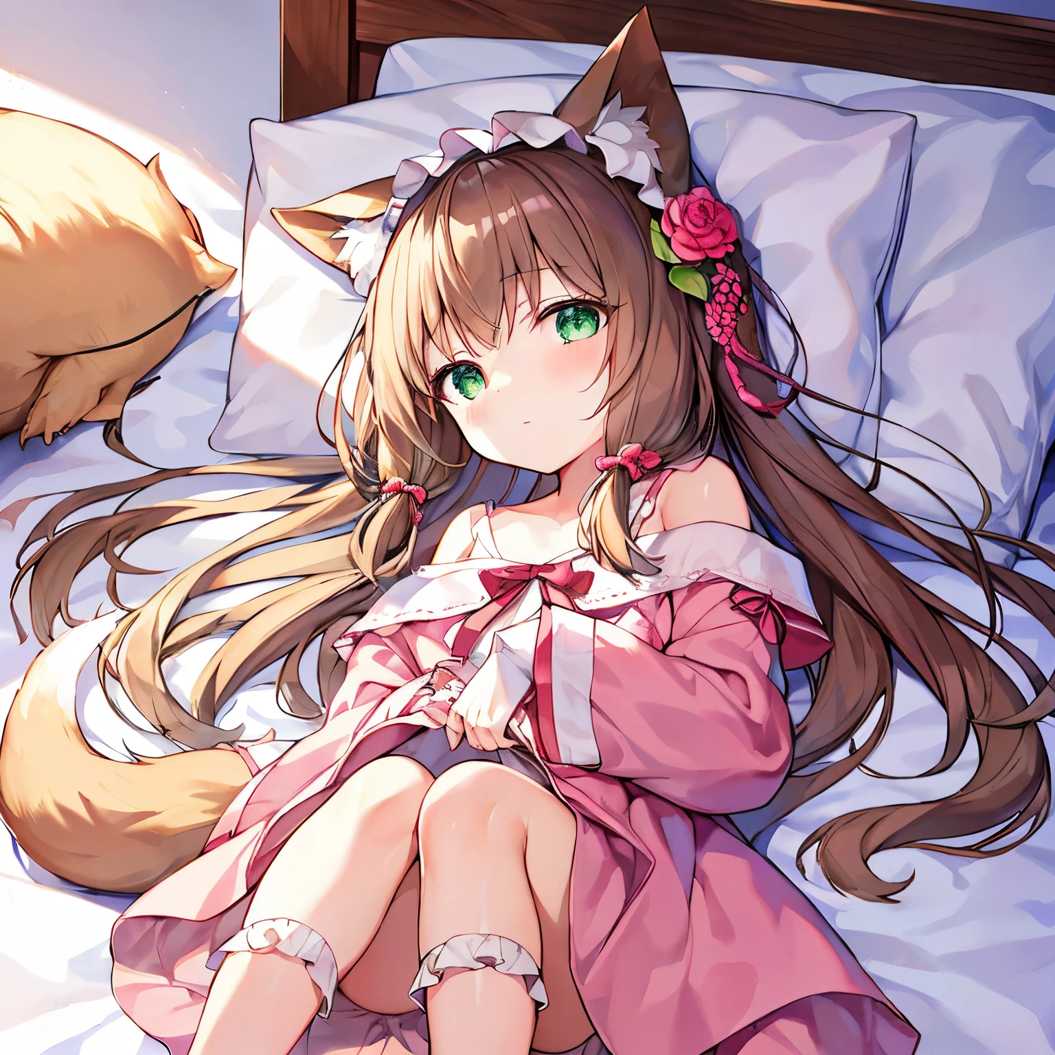 (tmasterpiece, Best quality, A high resolution), 1 girl, Alone, Oversized fox tail,Green-eyed,(Brown hair long),Small flower headdress, (9 _Cute loli),摩洛解放阵线,lift up the quilt,I found that the girl had fallen asleep under my quilt,want to sleep with me,in pajamas,