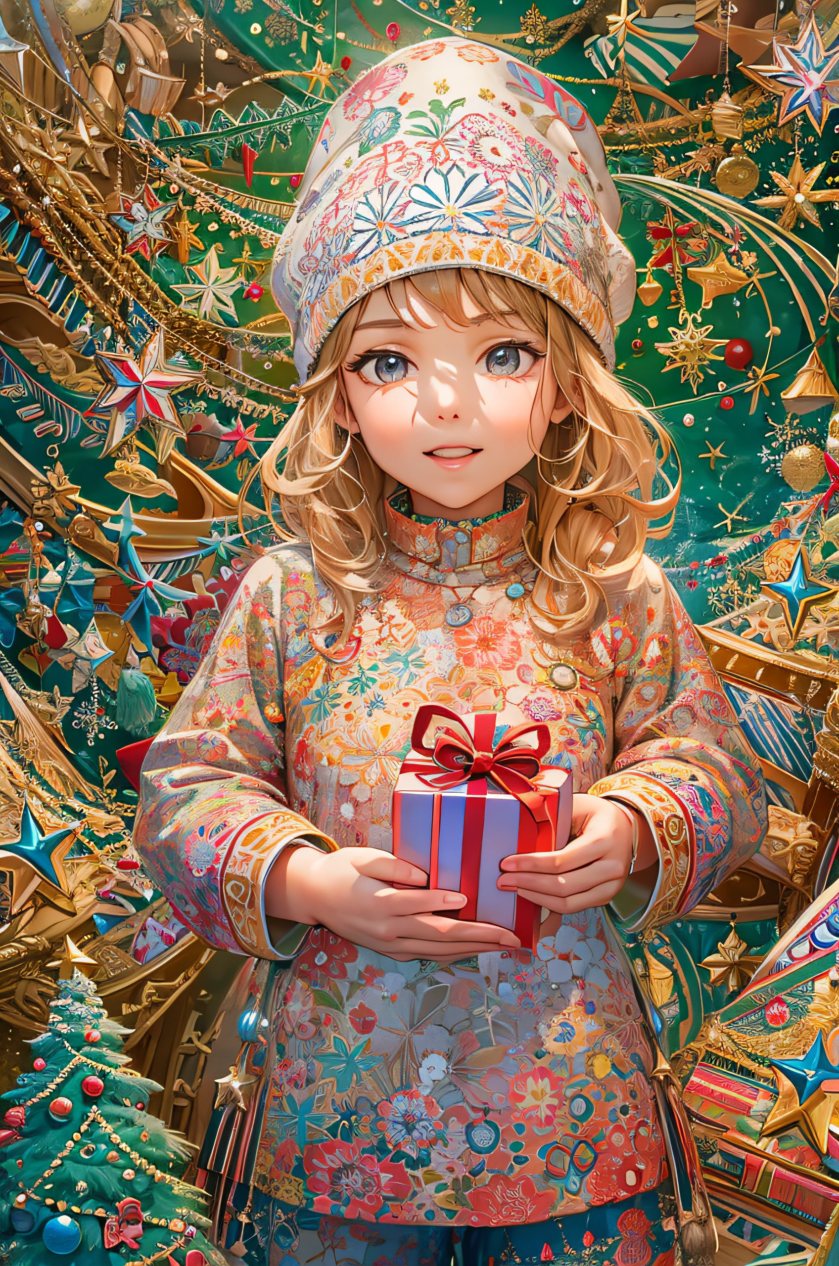 (masutepiece, of the highest quality, Best Quality, Official art, Beautiful and aesthetic:1.2), (1girl in), ighly detailed,(Fractal Art:1.3),Colorful,highest details,A work depicting a looking forward to presents from Santa Claus.. A wrapped gift box is near the child's face, Blurred Christmas tree background, Create a festive atmosphere、(frac art:1.4)