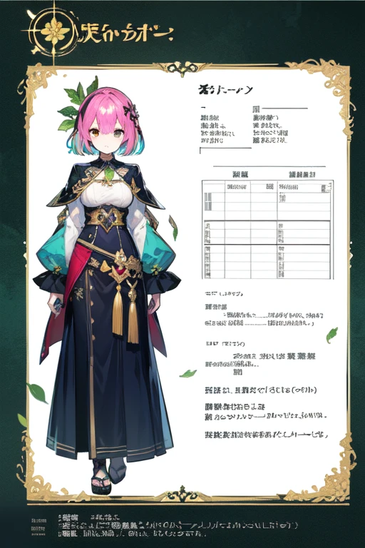 1girl in, ((Character information)、(Chara Leaf)、Type sheet, Character Sheets, Three types,Shot Full Body,Game Character Design,Colorful, Bright