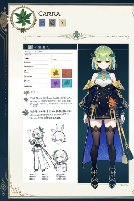 1girl in, ((Character information)、(Chara Leaf)、Type sheet, Character Sheets, Three types，Shot Full Body，Game Character Design，Colorful, Bright