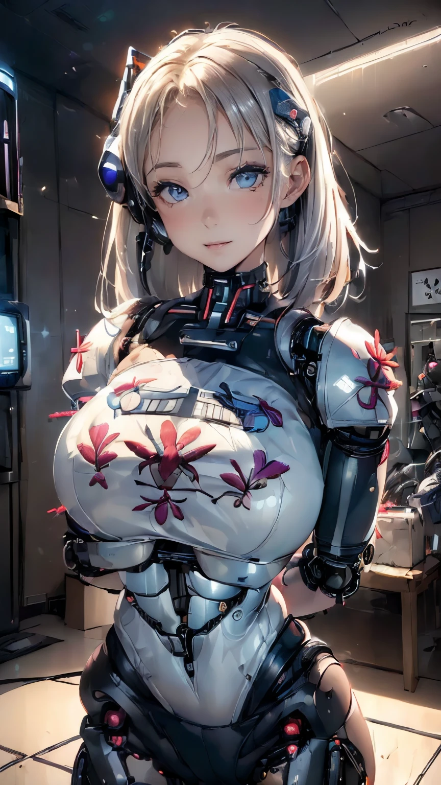 ((1girl in:1.5),(Embroidered cybernetic body:1.5),Large full-breasted mechanical chest armor:1.5)),(Highest image quality, excellent details, Ultra-high resolution, (Realism: 1.4), The best illustrations, favor details, One girl highly condensed,(presence:1.5),(Dynamic:1.5),(Bold:1.5)),,(very light coppery amber hair),((Hair over one eye:1.2)),riding on motorcycle,the background is a high-tech lighting scene of the futuristic city, ((shorth hair:1.7))