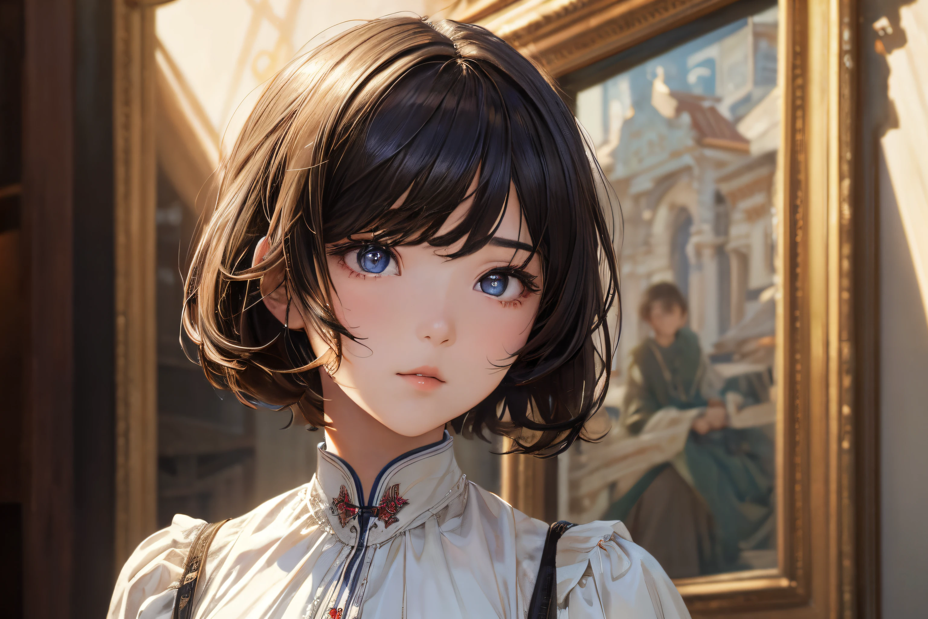 1girl in, (((shorth hair))), jugendstil,(masterpiece, top-quality, Near and far law, depth of fields:1.5), beautiful countenance, 8k, Raw foto, HDR, Photorealsitic, film grains, chromatic abberation, hight resolution, ultra-detailliert, finely detail, 动态照明, Dramatic lighting、shadowy、extremely detailed eye and face、Round pupils、Realistic pupils、clean back ground