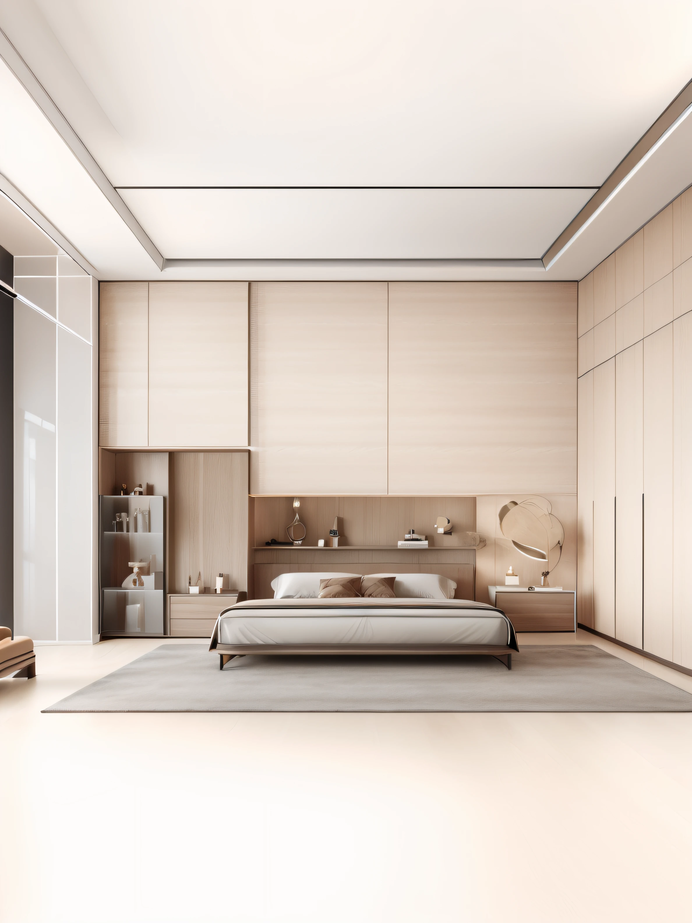 ((Bedroom)) 1 ceiling cabinet, 1 shelf, 1 table, 1 bedside table(( 1 wardrobe, oak, ceiling height)),((flat ceiling, brown, white, dark) )((1 glass door, gray))((1 brown curtain)) ((floor, wood panel))super sharp, surreal images, realistic light reflection, light and dark contrast, beautiful