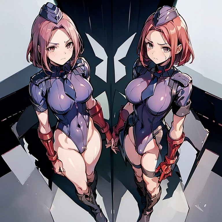 Masterpiece, Best Quality, Highly detailed, illustration, absurdres, street fighter, doll suit, shadaloo doll, dollsuit, girls, multiple girls, expressionless, blank eyes, looking at viewer, red gloves, emotionless, black latex, corrution, mind control, female combatant, full body, hypnotized, unhappy trance, full body suit, ribbed bodysuit, both arms at side, stand up straight, obey, perfect female body, extremely glossy latex, hypnosis, hypnoLora, empty eyes, Mind control device, poses, submissive_pose, Slave, hat, necktie, stand up straight, standing, standing at attention, Slave, hat, necktie, belt, extending the right arm from the shoulder into the air with a straightened hand, nazi saluting, military, military saluting, salute, latex, spear, dark armor, black wing, helmet, grete, red hair, red eyes, bunny ears, playboy costume, spy classroom
