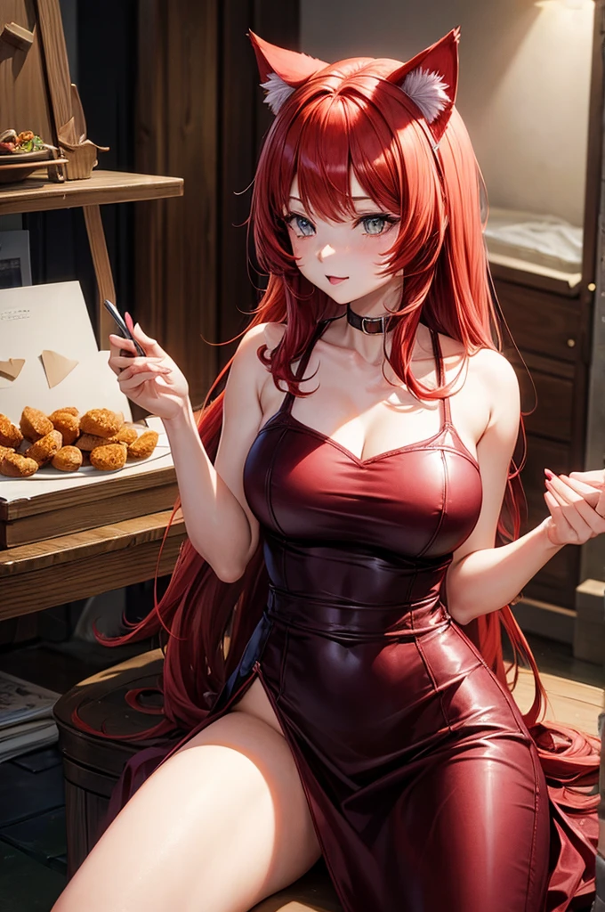 1 woman, red hair, cat ears, masterpiece, best quality