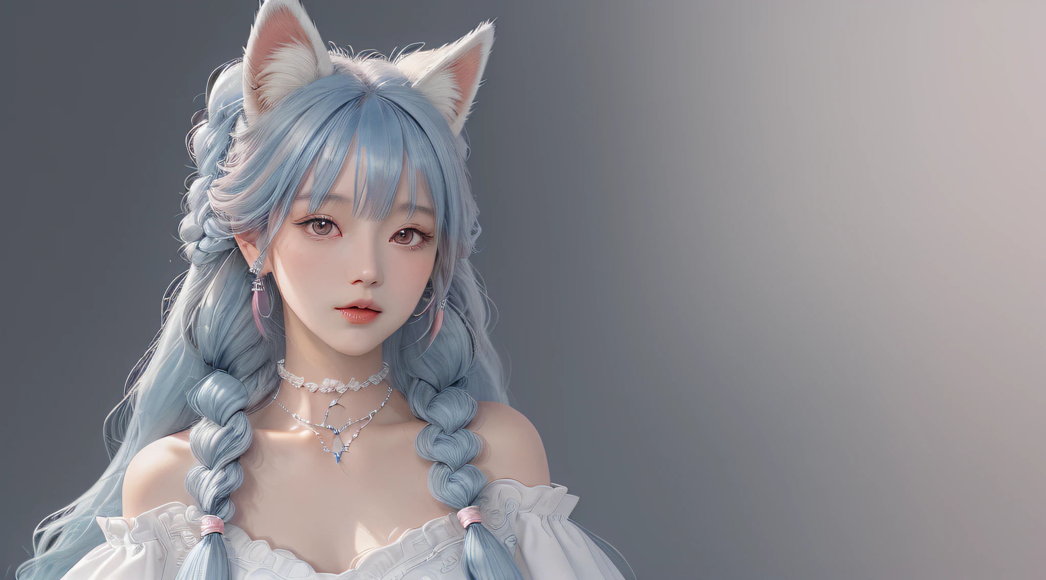 tmasterpiece, Best quality, A high resolution, (white backgrounid: 1.4), [Sparkling], [looking at viewert, sporty attire, 1 sweet chinese girl], (Long gray hair, Blue hair, Wavy curly hair, Multicolor twisted braids: 1.3, fluffy fox ears, Air bangs), White off-the-shoulder short sleeves, exquisite facial features, red pink lips, ear nipple ring, choker necklace