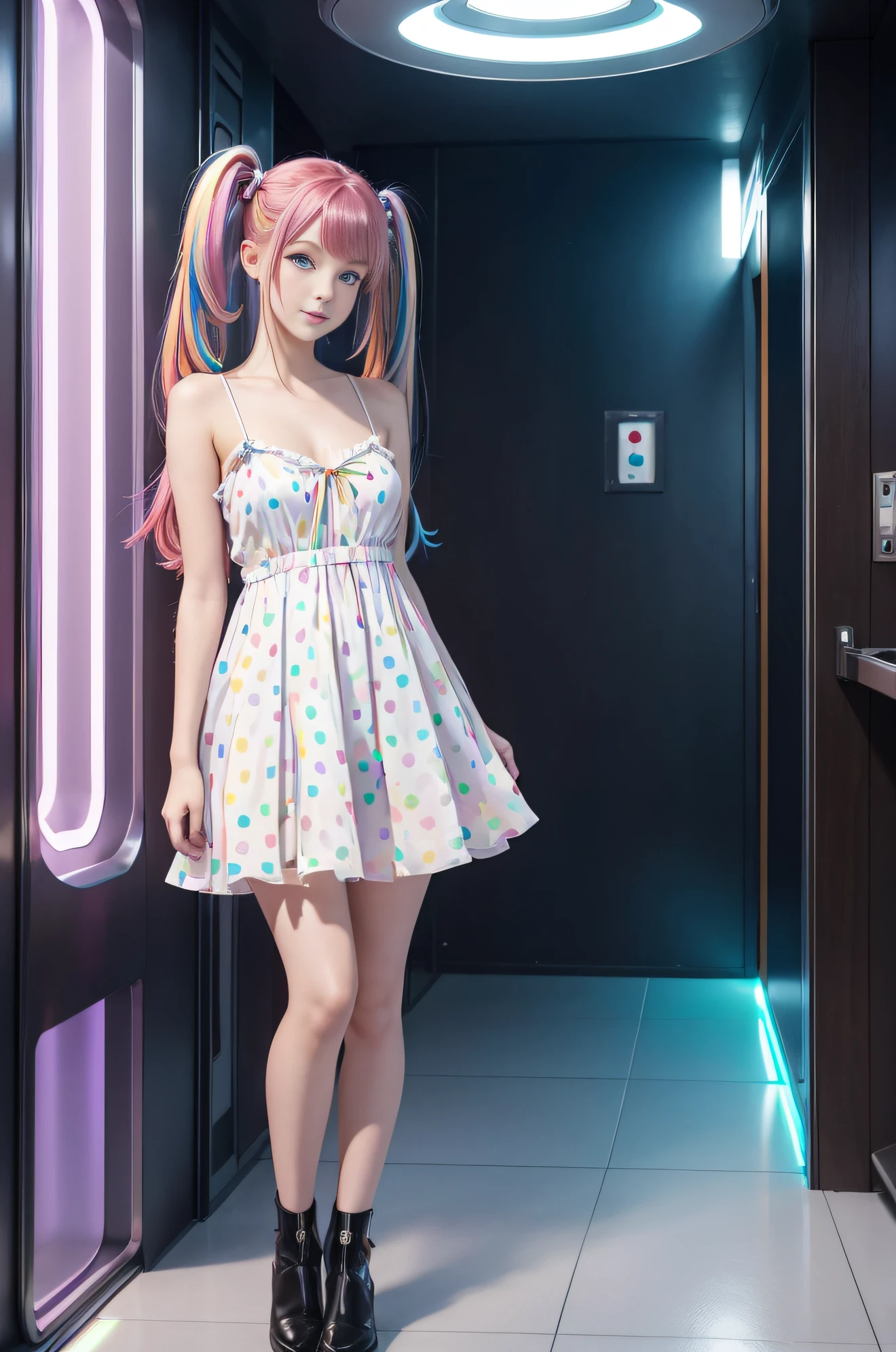 Cute redhead with rainbow colored hair tips, ribbons in her hair, 18-year-old woman, happy, in twin tails, perfect symmetrical eyes, clear sparkling blue eyes, pale skin, silky smooth skin, standing on a fancy metal luxurious space ship, futuristic corridor, control panels, wood trim, decorative plants, dark warm lighting, wearing a futuristic party dress, pleated (chemise) mini dress (pastel rainbow colors, and polka dots), wearing full body pantyhose, cute short cut booties.