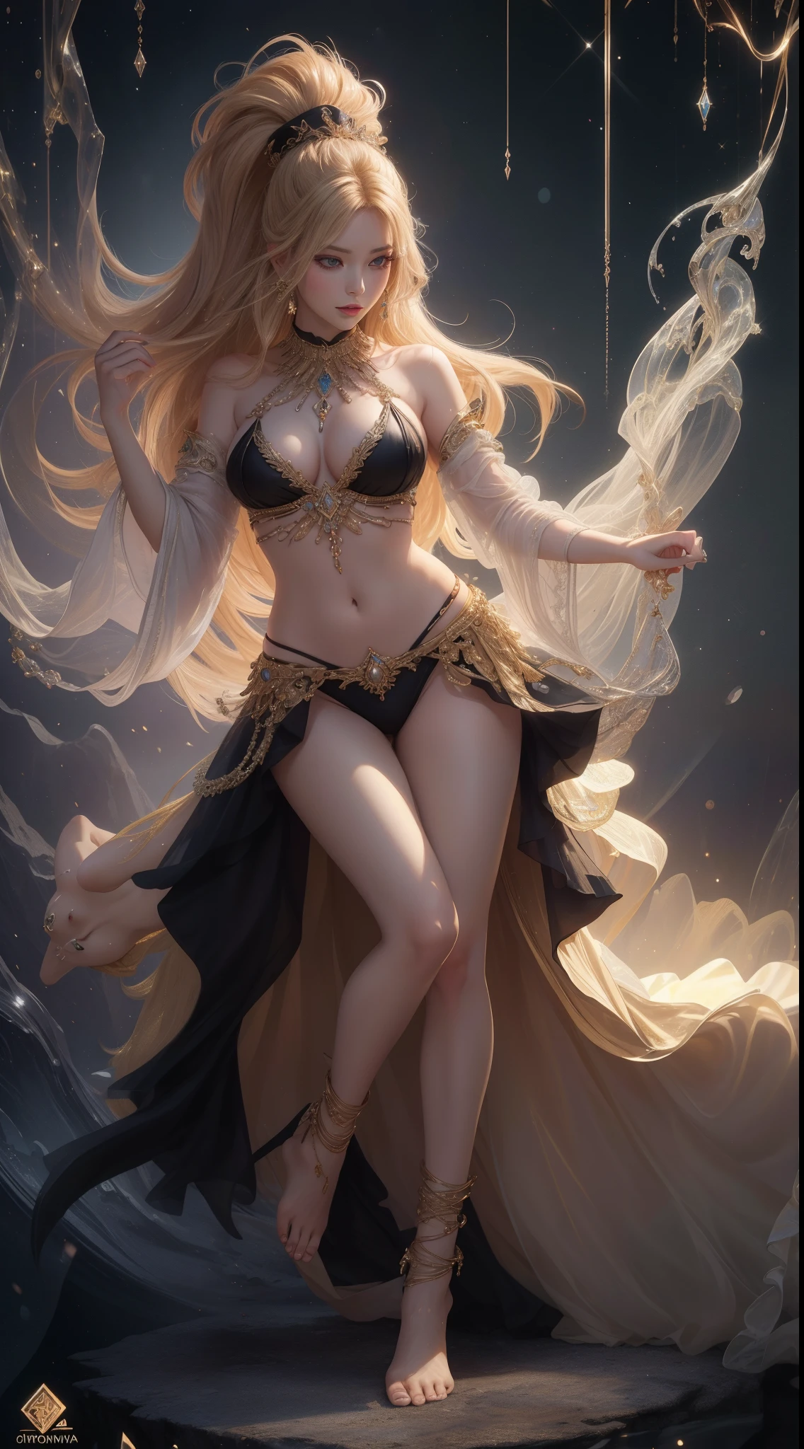 tmasterpiece，Highest image quality，Noble Western dancing beauty with barefoot figure，Sophisticated black and blonde hairstyle，A dazzling array of exquisite jewelry. A large number of exquisite jewelry.，Bikini costume，Ultra-detailed details，advanced。At the Pixiv Art Station，Break your own power，，The kinky is exposed，R-18G