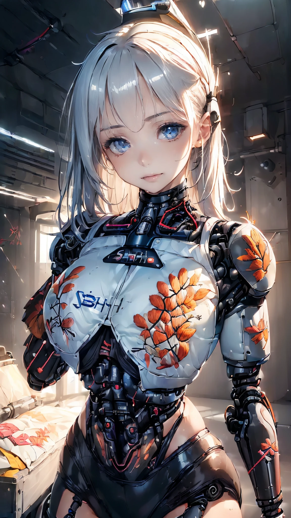 ((1girl in:1.5),(Embroidered cybernetic body:1.5),Large full-breasted mechanical chest armor:1.5)),(Highest image quality, excellent details, Ultra-high resolution, (Realism: 1.4), The best illustrations, favor details, One girl highly condensed,(presence:1.5),(Dynamic:1.5),(Bold:1.5)),,(very light coppery amber hair),((Hair over one eye:1.2)),riding on motorcycle,the background is a high-tech lighting scene of the futuristic city, ((shorth hair:1.8))