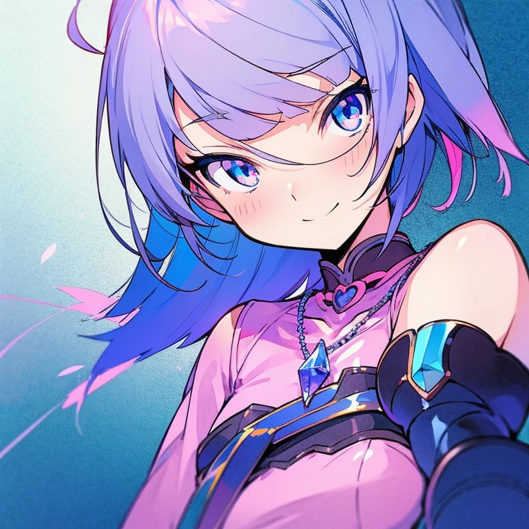 White short hair 2D anime girl,Straight hair,Looks quiet and weak,With a smile,Wear pink modern clothes,cropped shoulders,Necklace with blue crystal,There is a purple hairpin on the bangs on the right side of the head